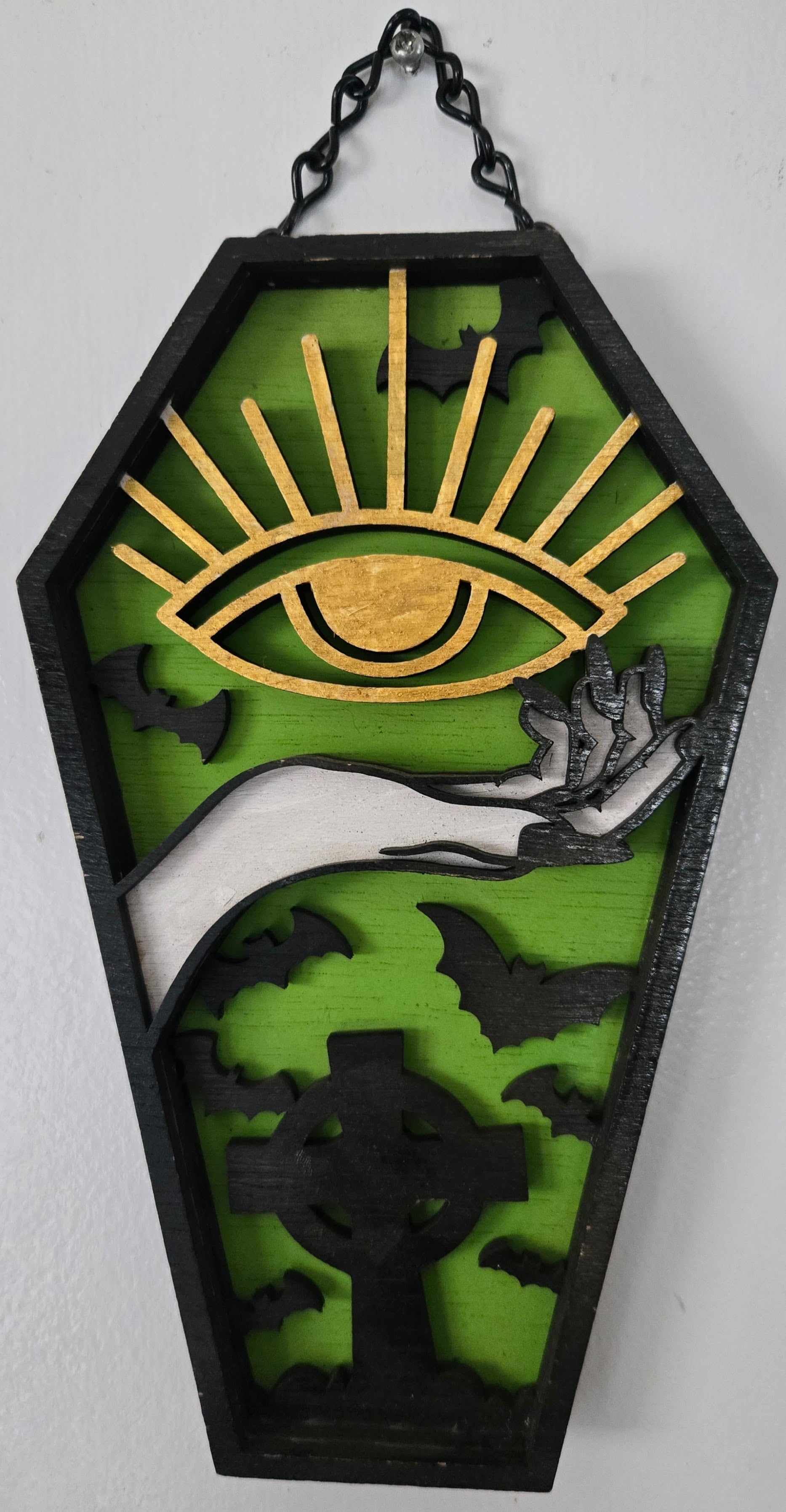Golden Eye Coffin Wall Hanging | Hand-Painted Gothic Wood Art