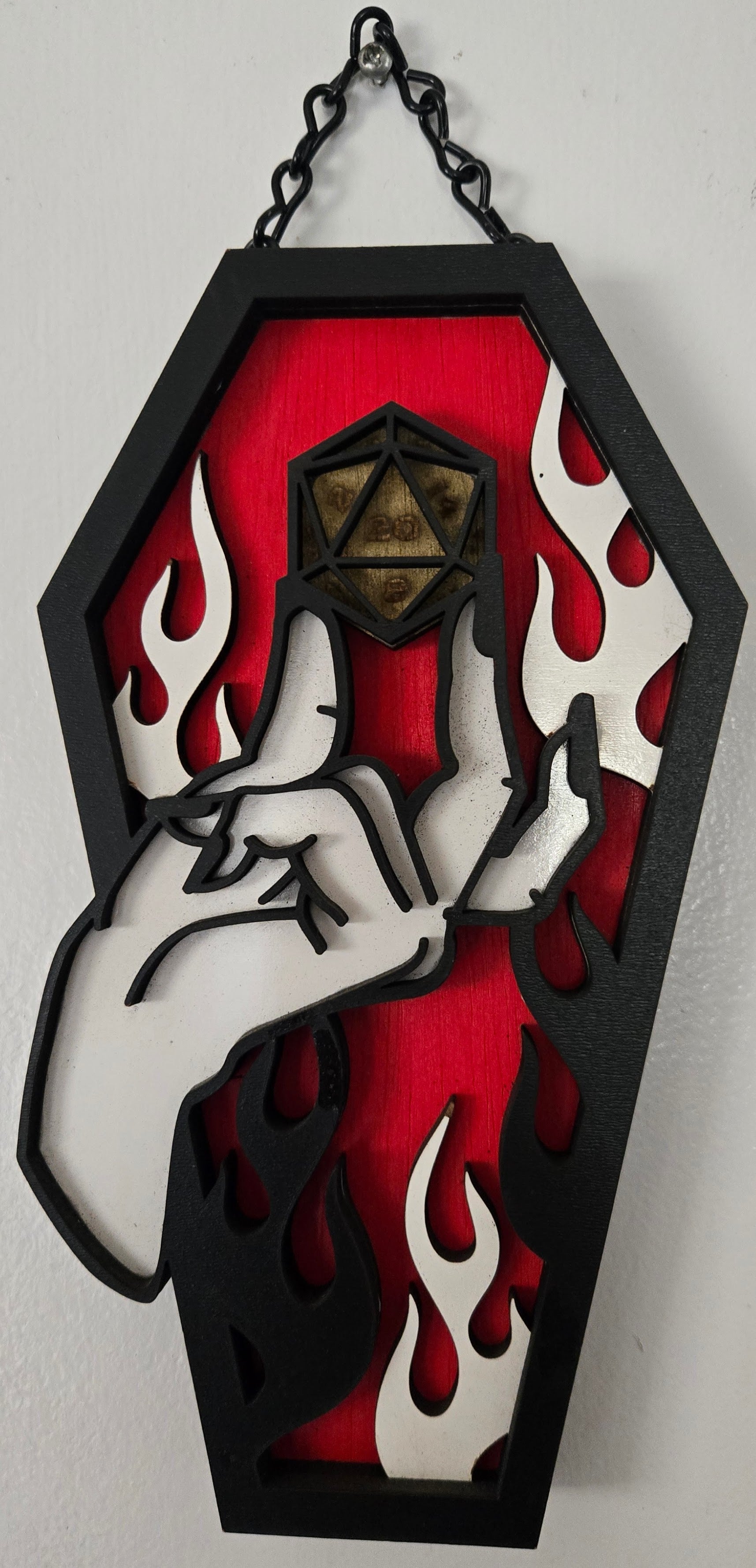 Red D20 Coffin Wall Hanging | Hand-Painted Tabletop Gaming Gothic Art