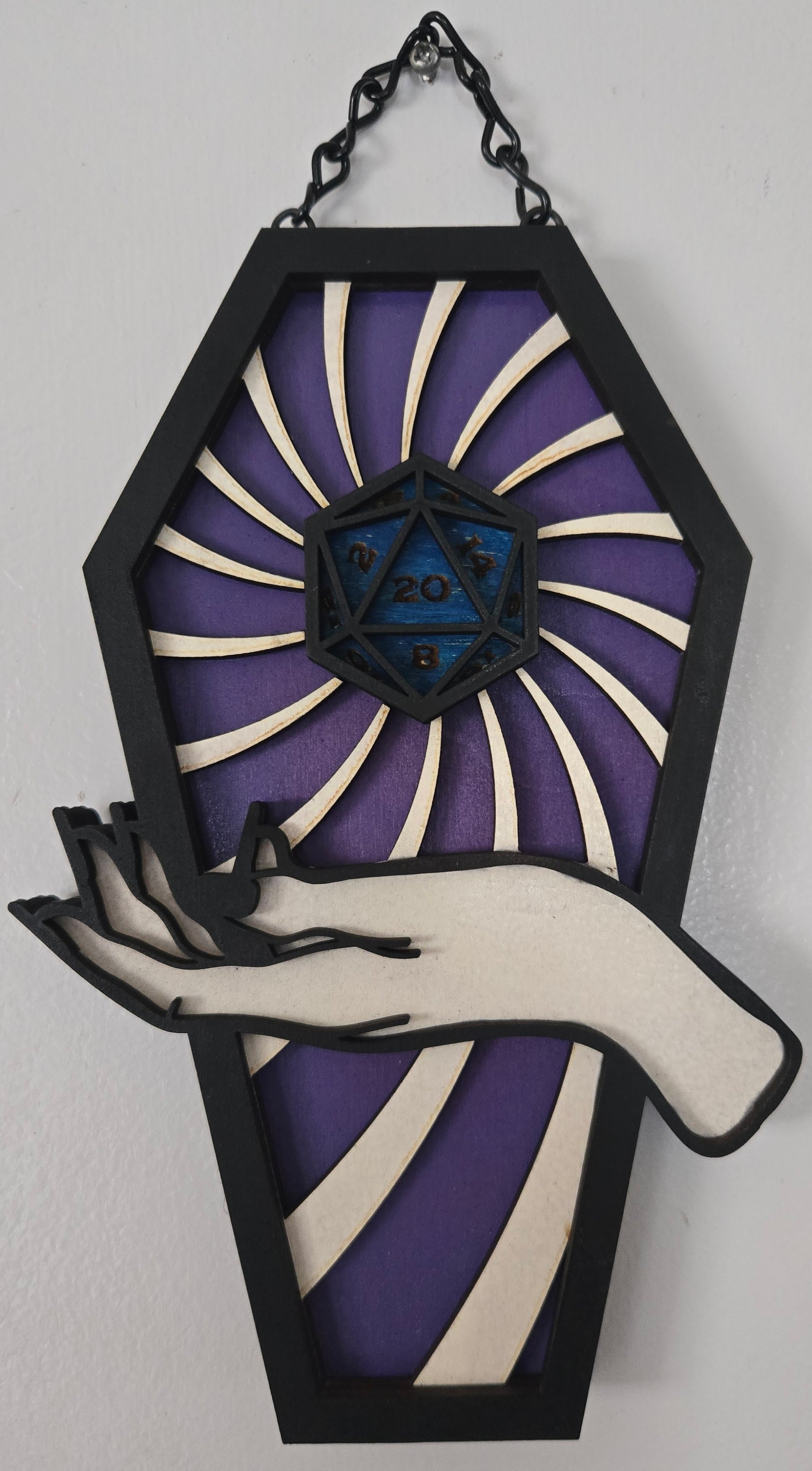 Purple D20 Coffin Wall Hanging | Hand-Painted Tabletop Gaming Gothic Art