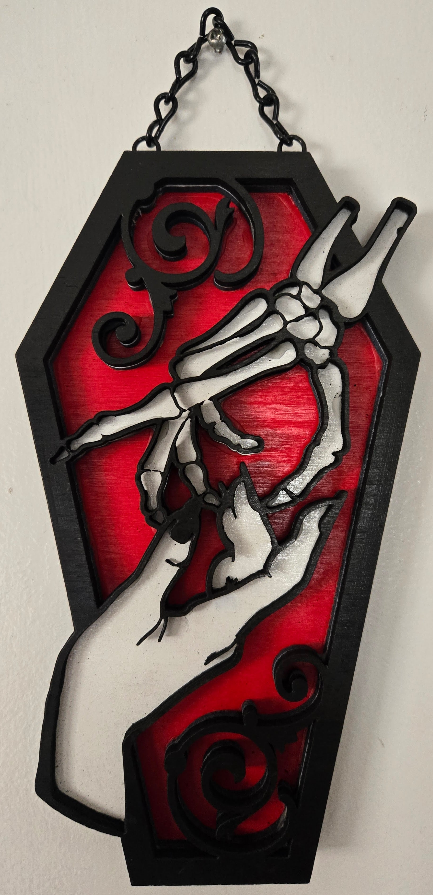 Skeletal Hand Coffin Wall Hanging | Hand-Painted Gothic Wood Art