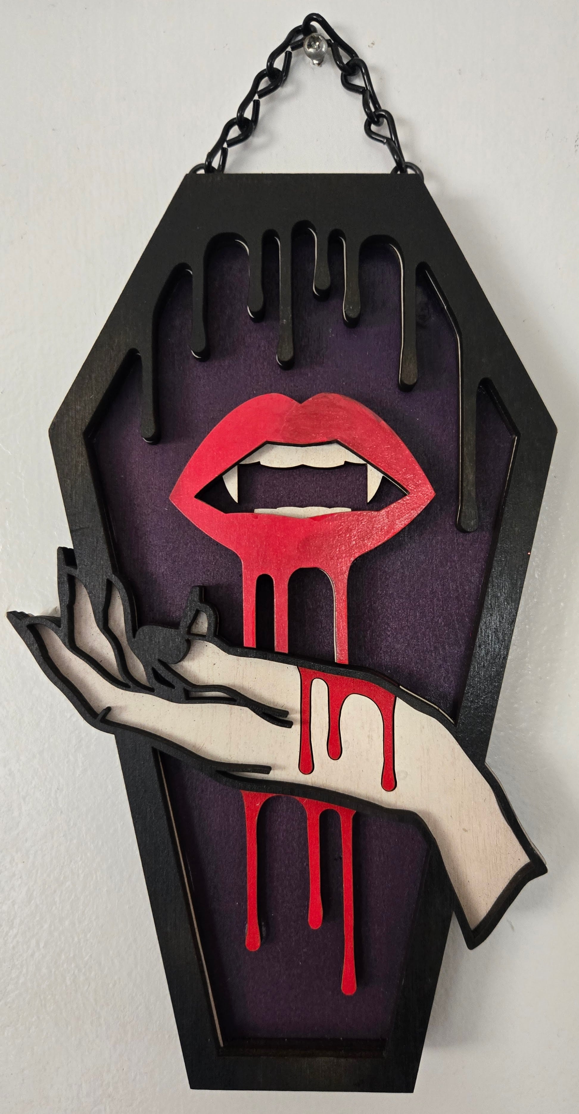 Bloody Lips Coffin Wall Hanging | Hand-Painted Gothic Wood Art