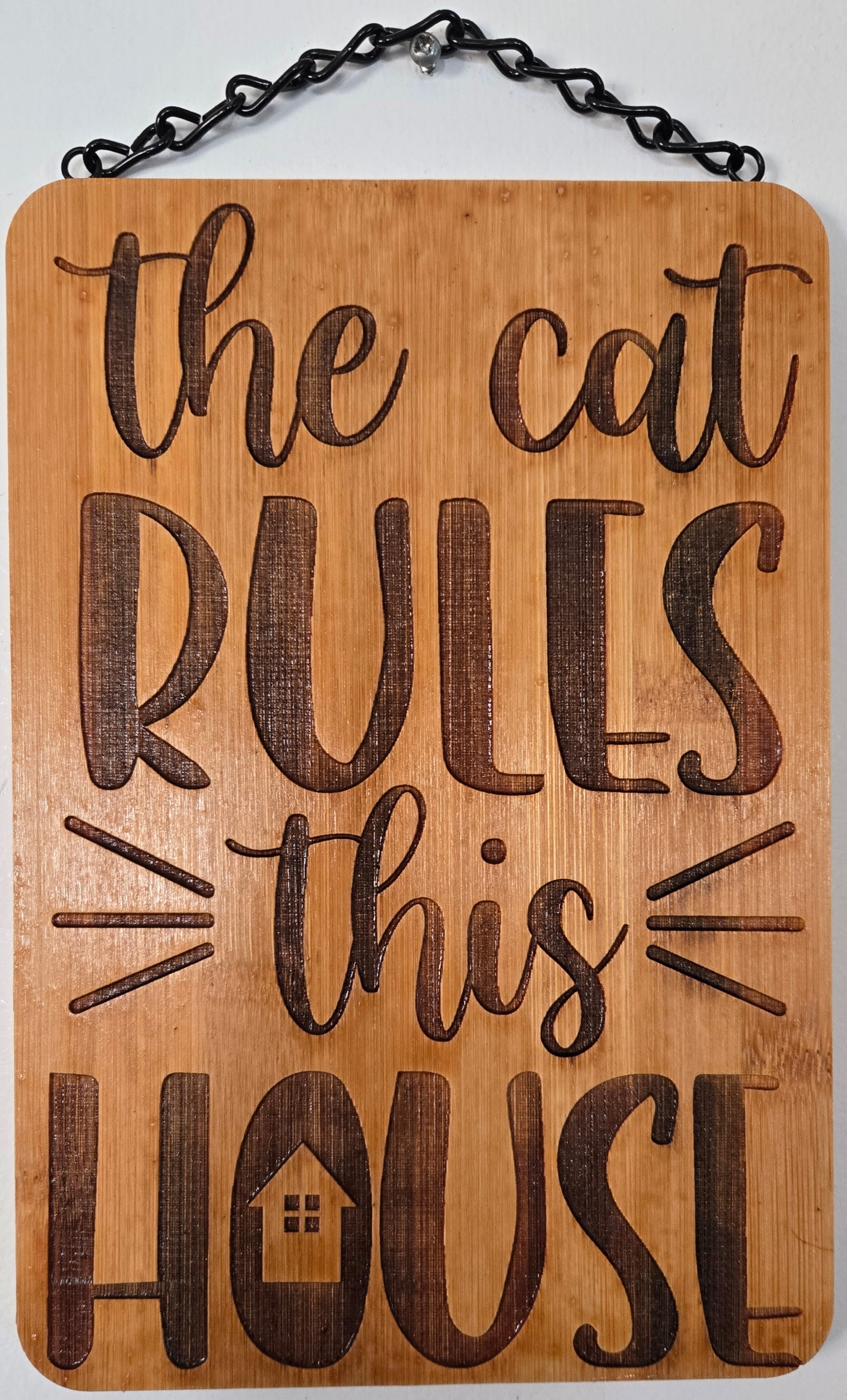 The Cat Rules This House | Laser Engraved Bamboo Sign