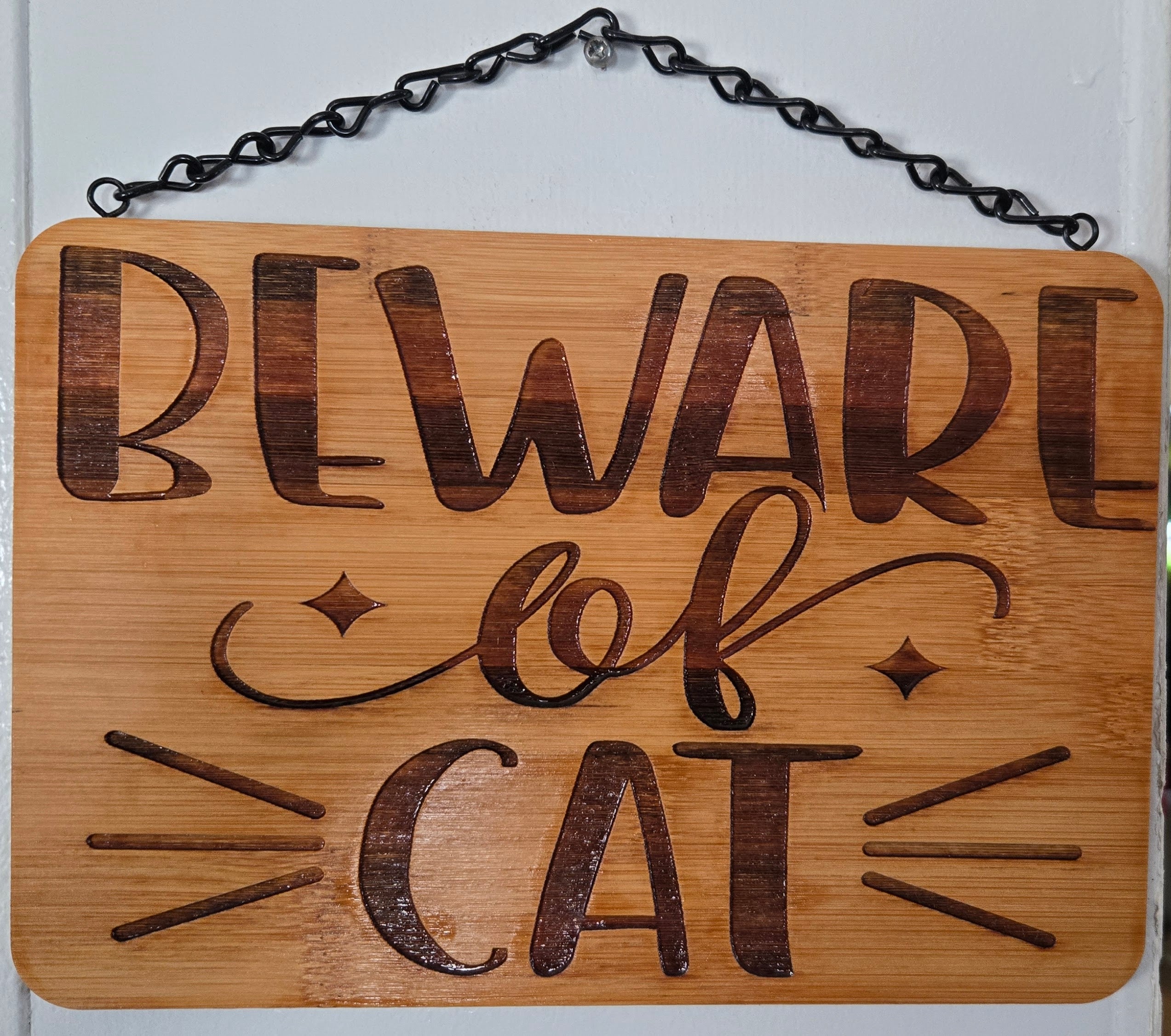 Beware of Cat | Laser Engraved Bamboo Sign