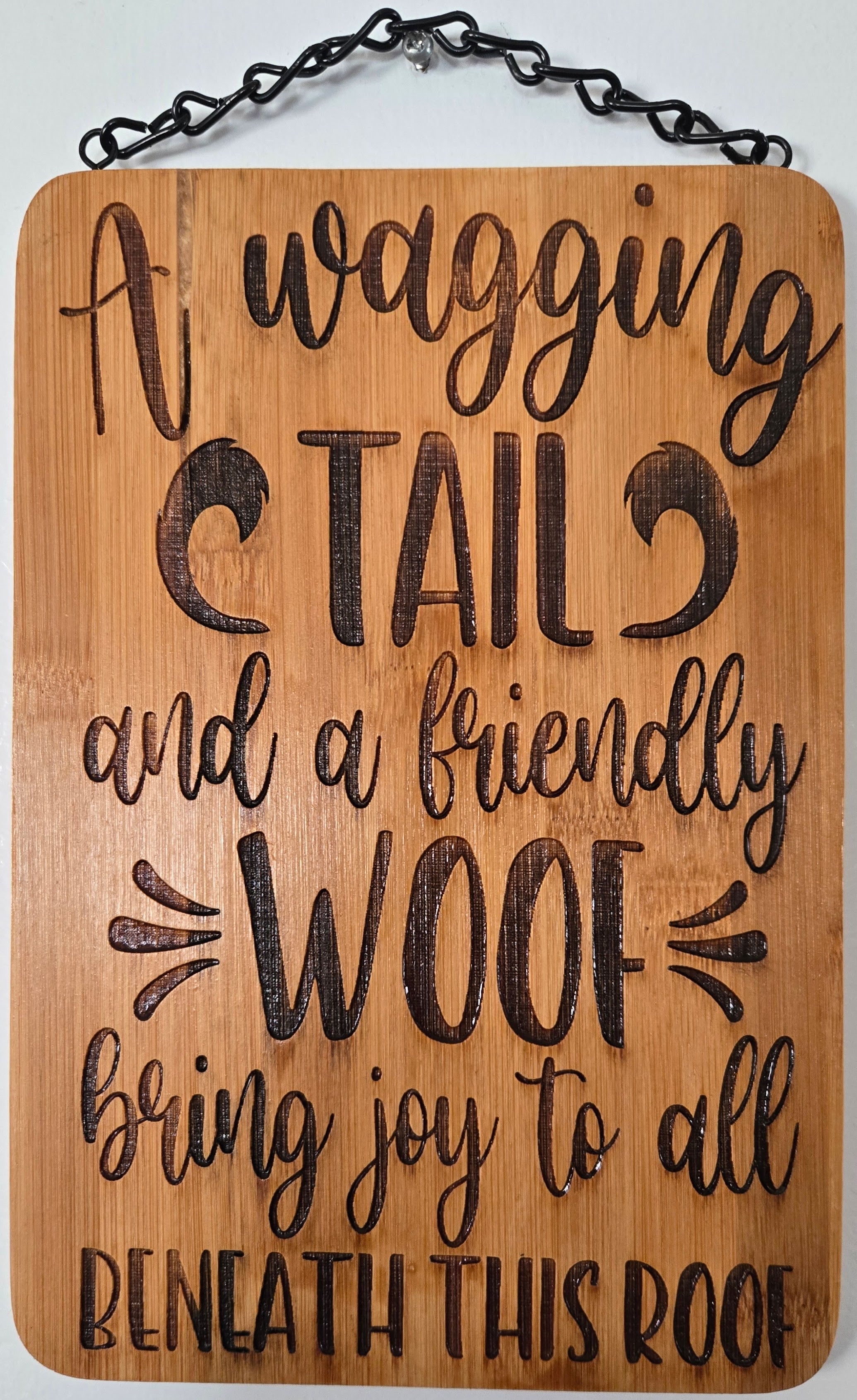 A Wagging Tail & a Friendly Woof | Laser Engraved Bamboo Sign