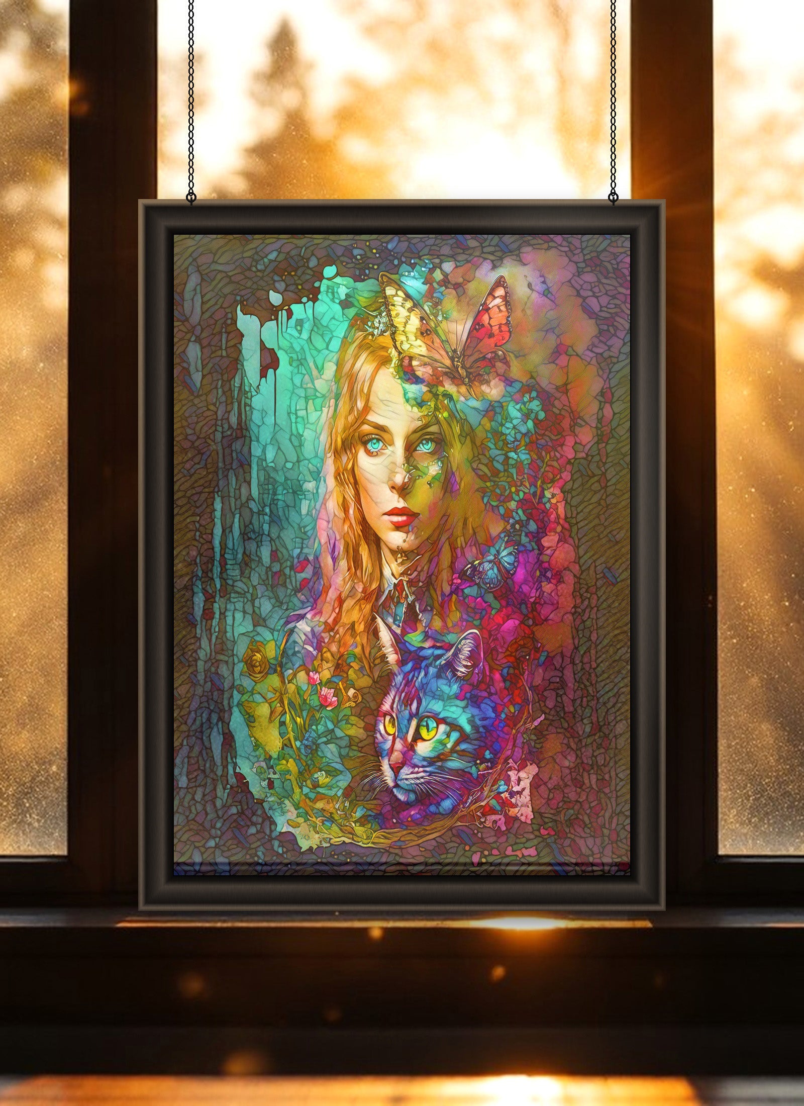 Alice & the Cheshire Cat Suncatcher | Surreal Realistic Wonderland Art