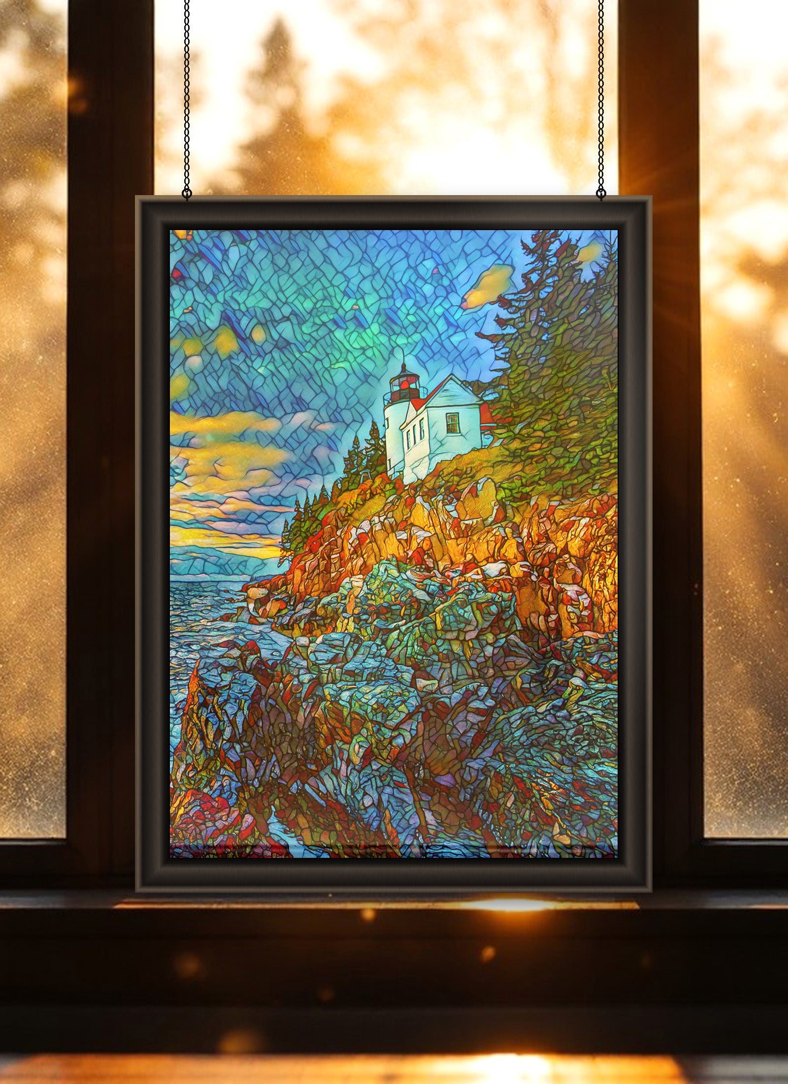 Bass Harbor Lighthouse Suncatcher | Handmade Maine Stained Glass Style Art