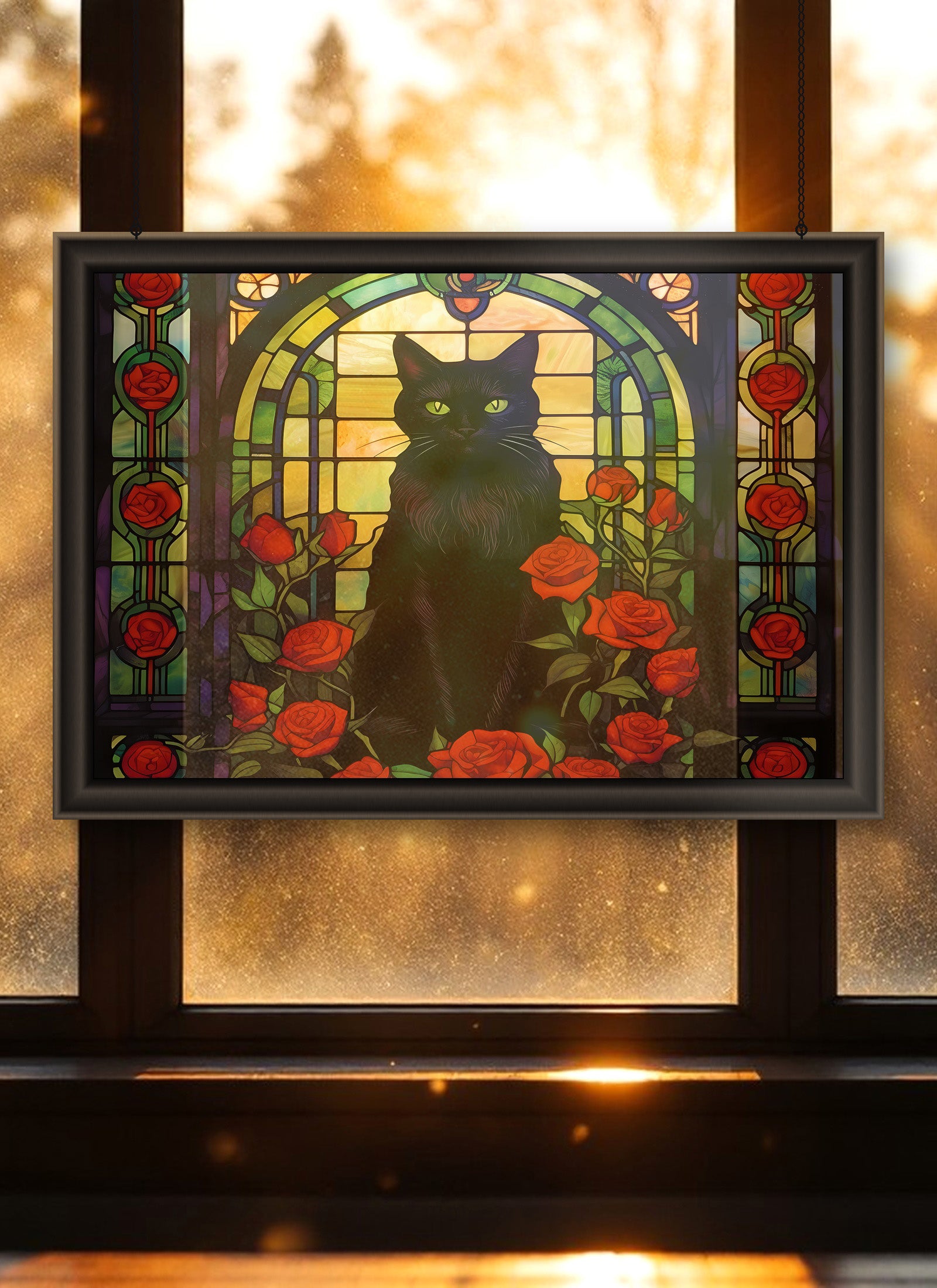Black Cat & Roses Suncatcher | Handmade Stained Glass Style Window Art