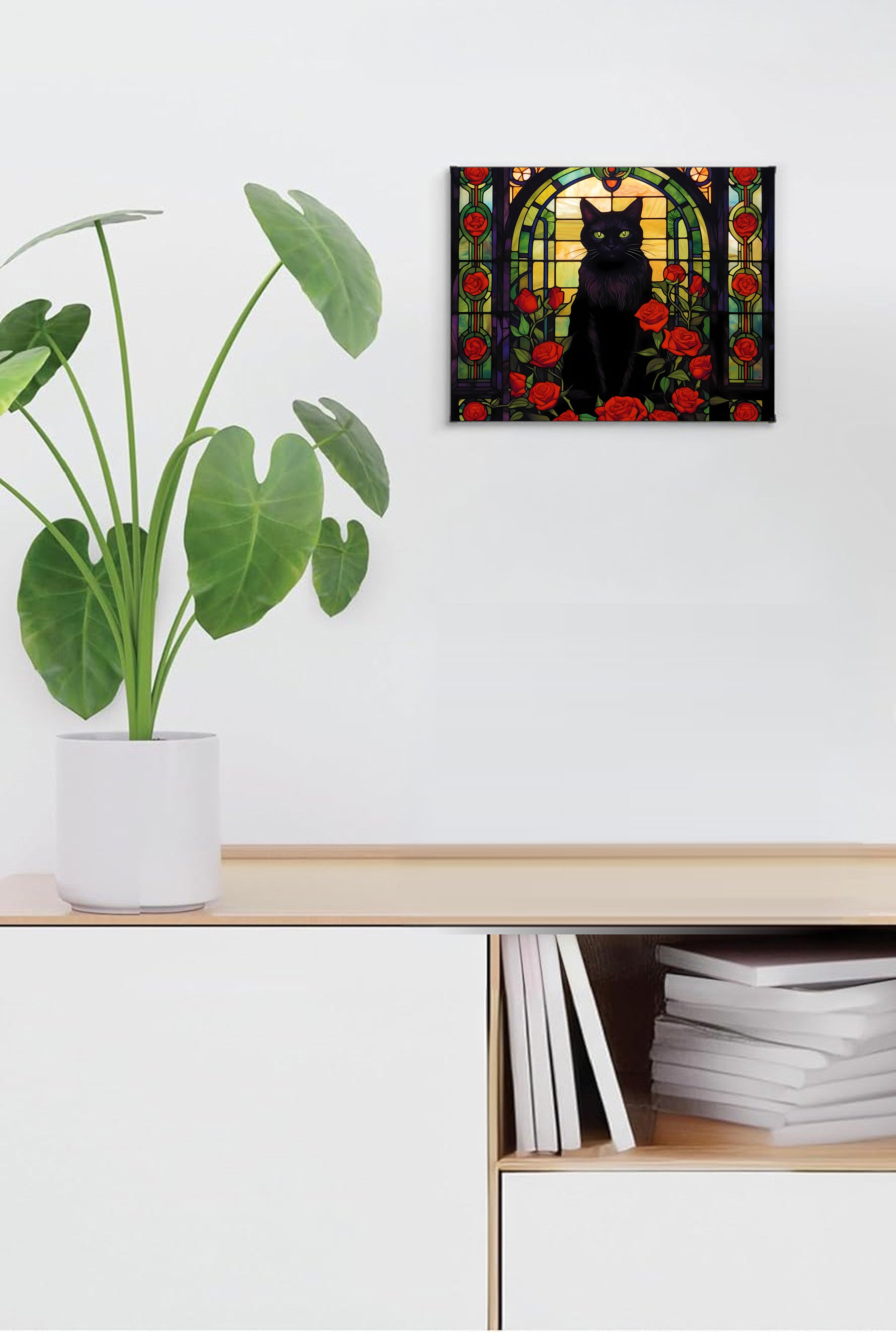 Black Cat & Roses Suncatcher | Handmade Stained Glass Style Window Art