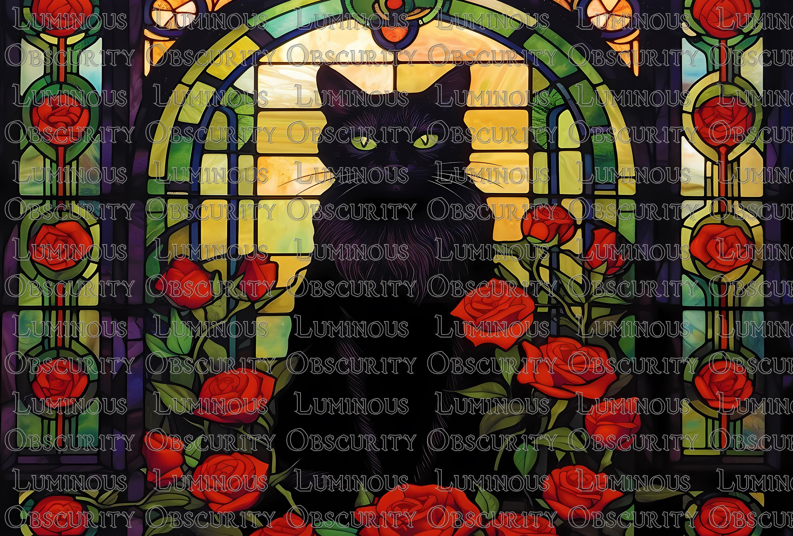 Black Cat & Roses Suncatcher | Handmade Stained Glass Style Window Art