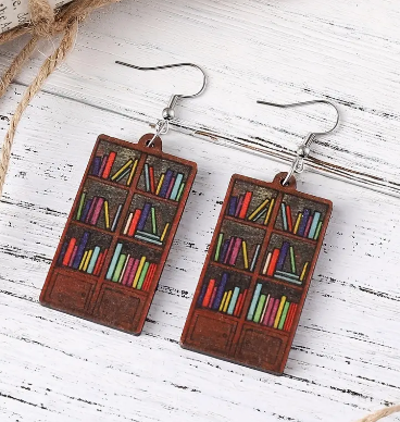 Bookcase Earrings | Laser Engraved Wood | Hand-Painted Book Lover Jewelry