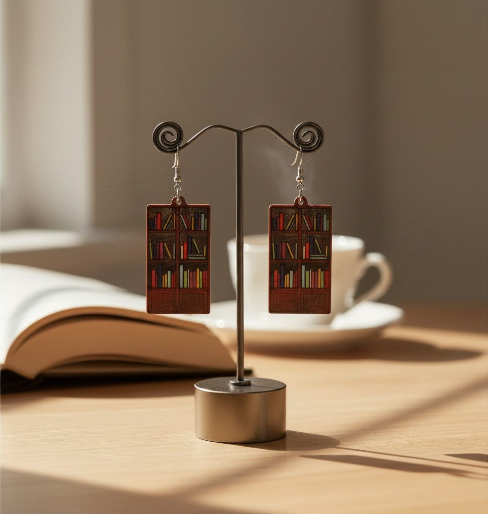 Bookcase Earrings | Laser Engraved Wood | Hand-Painted Book Lover Jewelry
