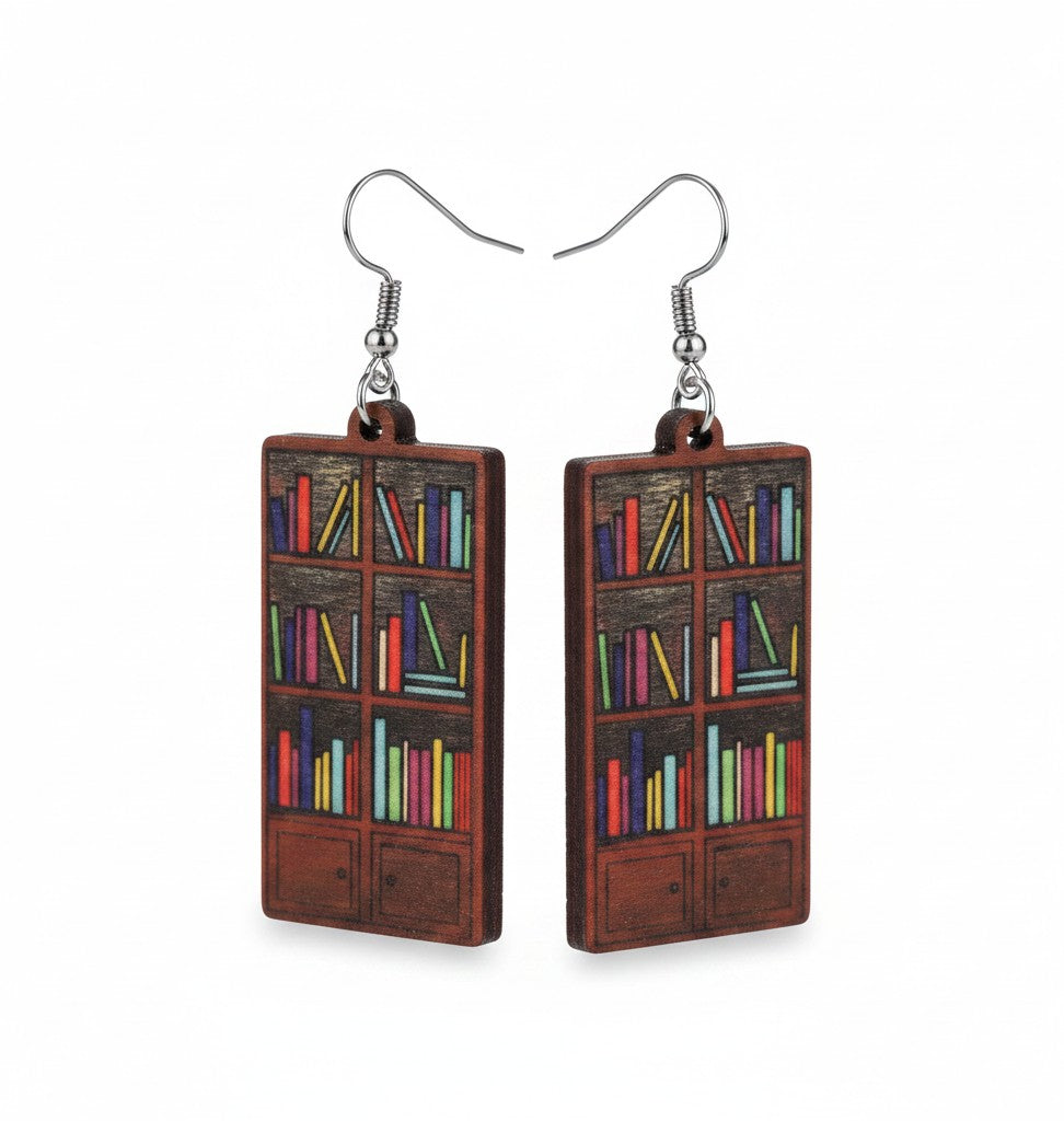Bookcase Earrings | Laser Engraved Wood | Hand-Painted Book Lover Jewelry