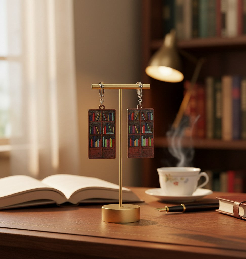 Bookcase Earrings | Laser Engraved Wood | Hand-Painted Book Lover Jewelry