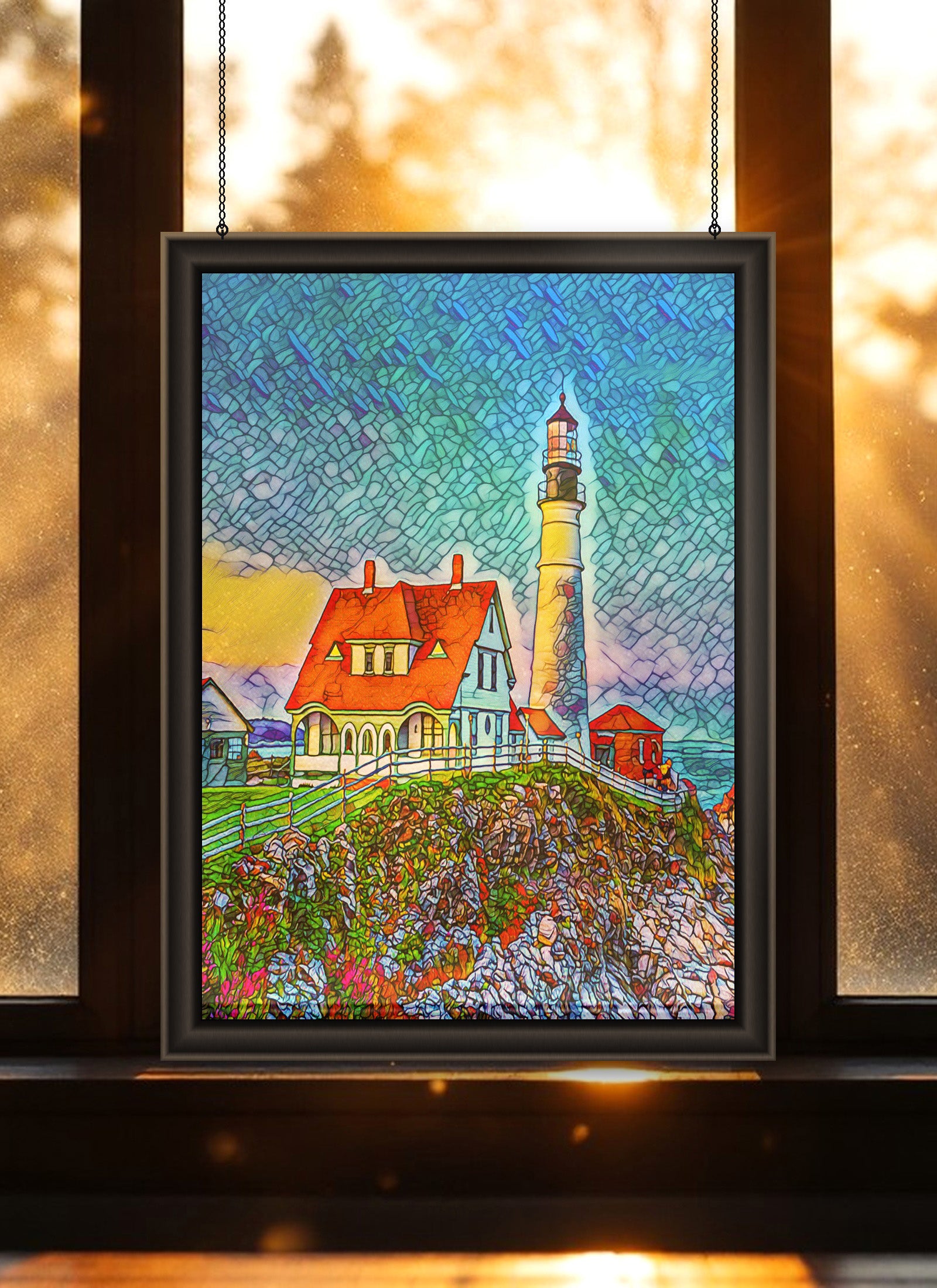 Cape Elizabeth Lighthouse Suncatcher | Handmade Maine Stained Glass Style Art
