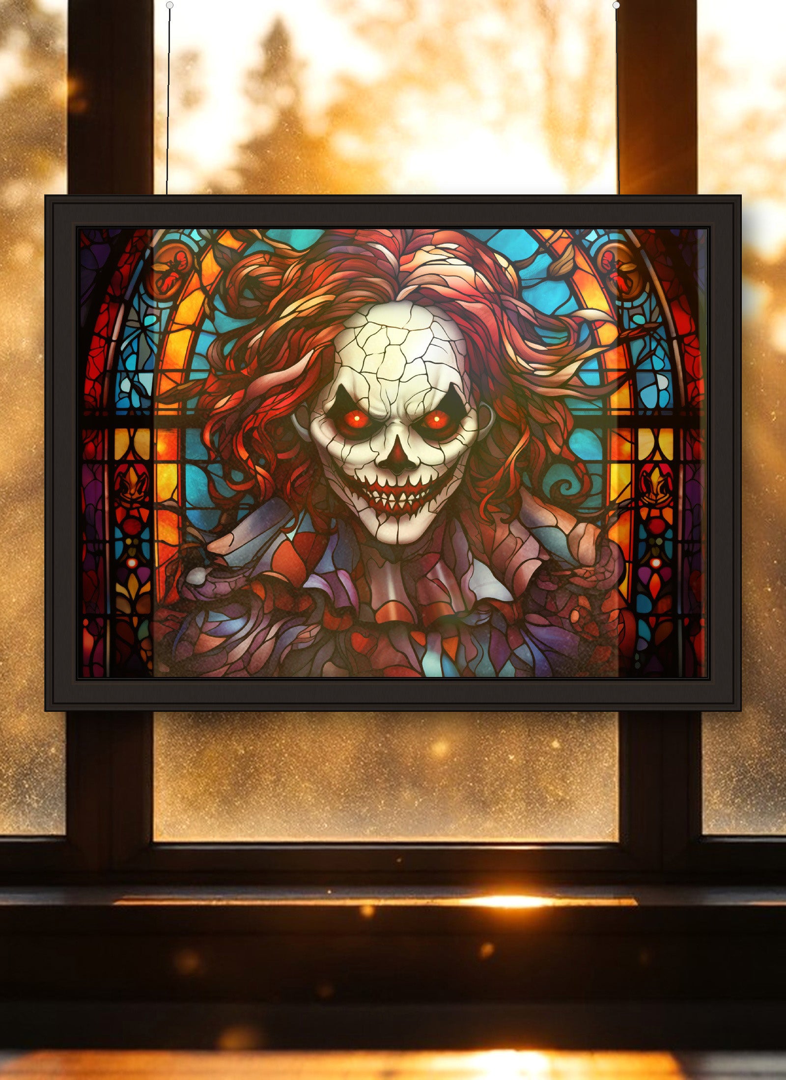 Sinister Grinning Clown Suncatcher | Handmade Stained Glass Style Horror Art
