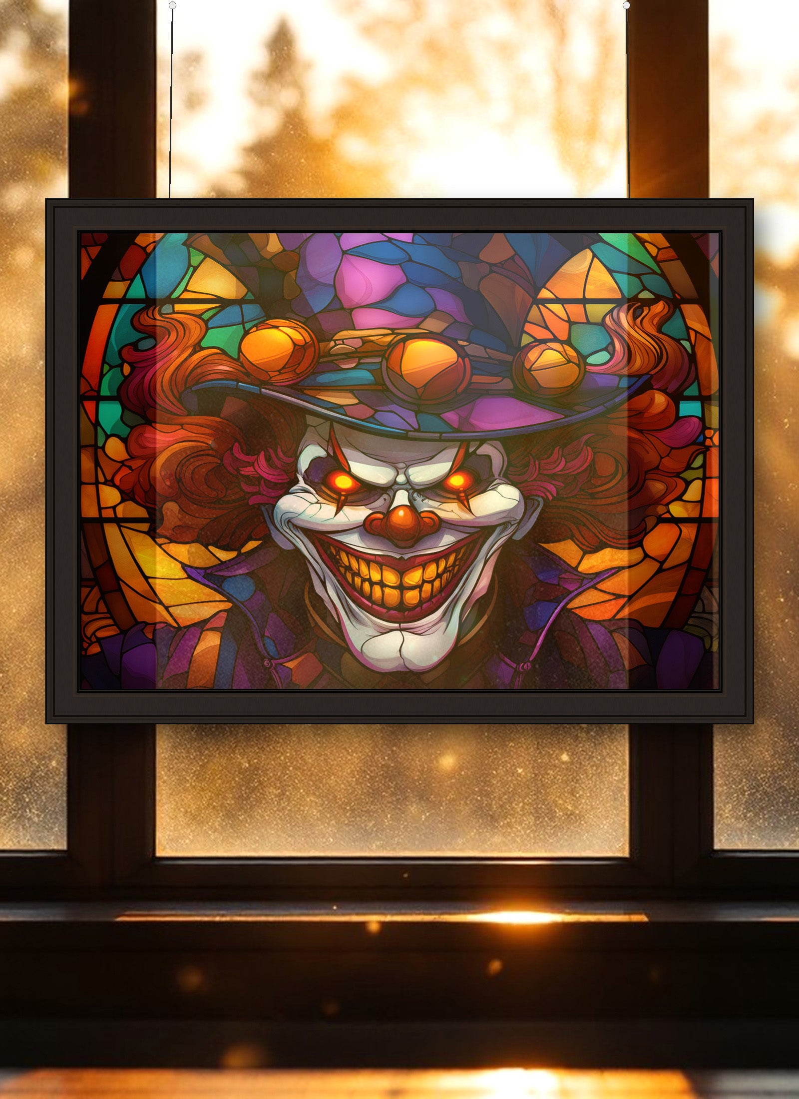 Evil Clown with Purple Hat Suncatcher | Handmade Stained Glass Style Horror Art