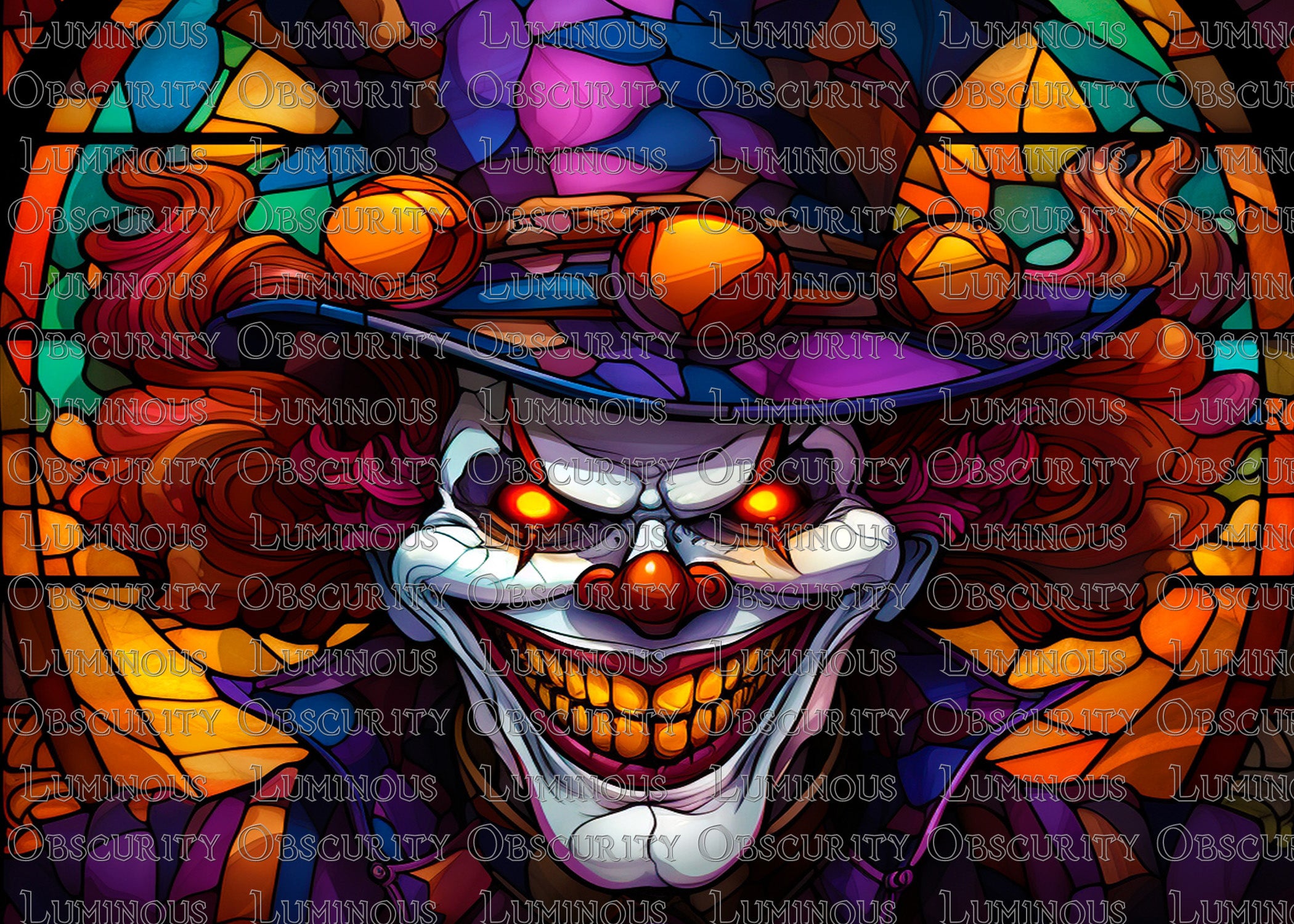 Evil Clown with Purple Hat Suncatcher | Handmade Stained Glass Style Horror Art