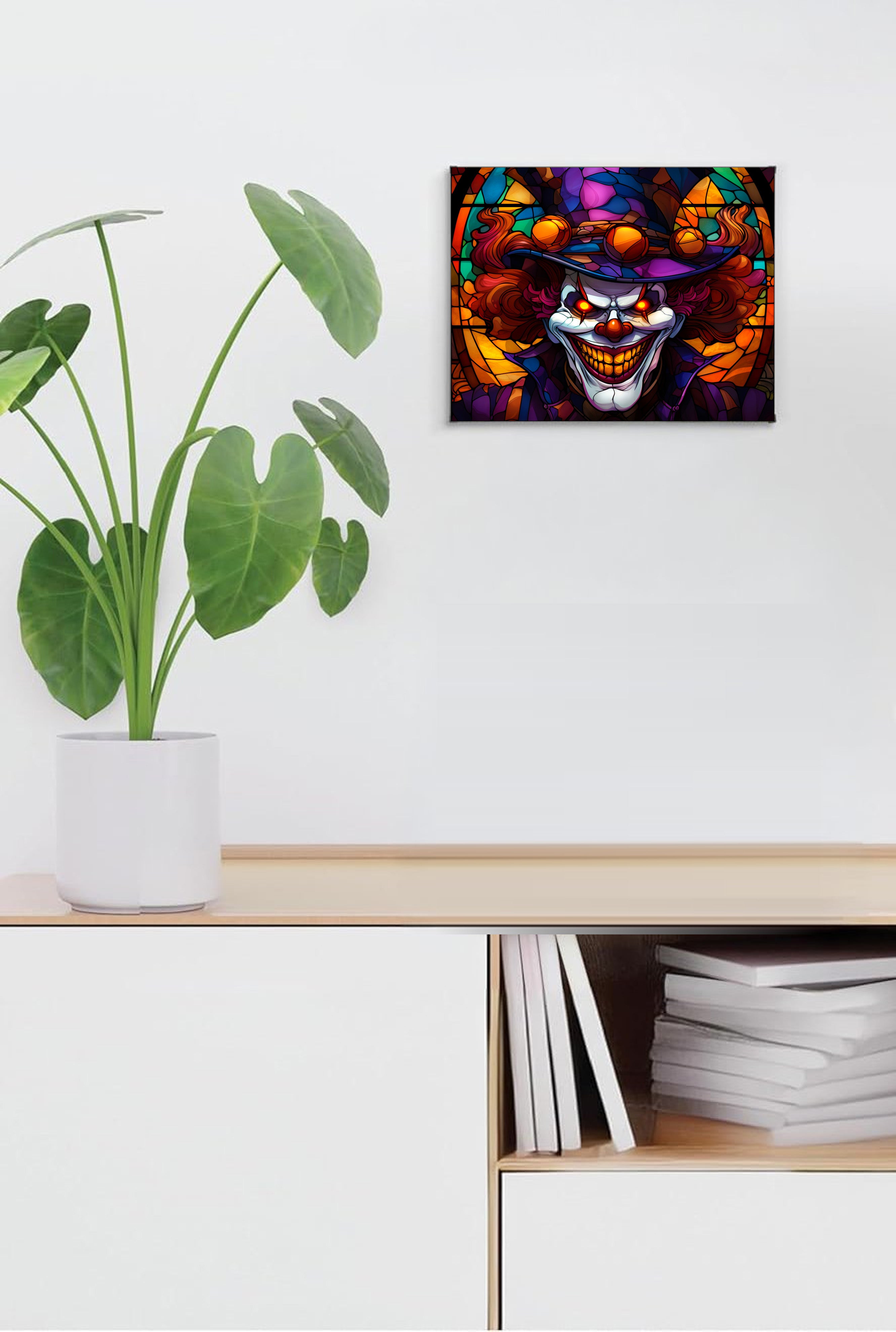 Evil Clown with Purple Hat Suncatcher | Handmade Stained Glass Style Horror Art