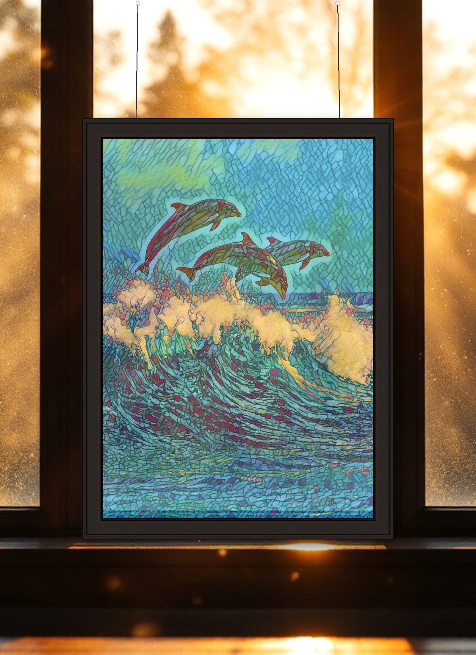 Dolphins Suncatcher | Handmade Stained Glass Style Ocean Art