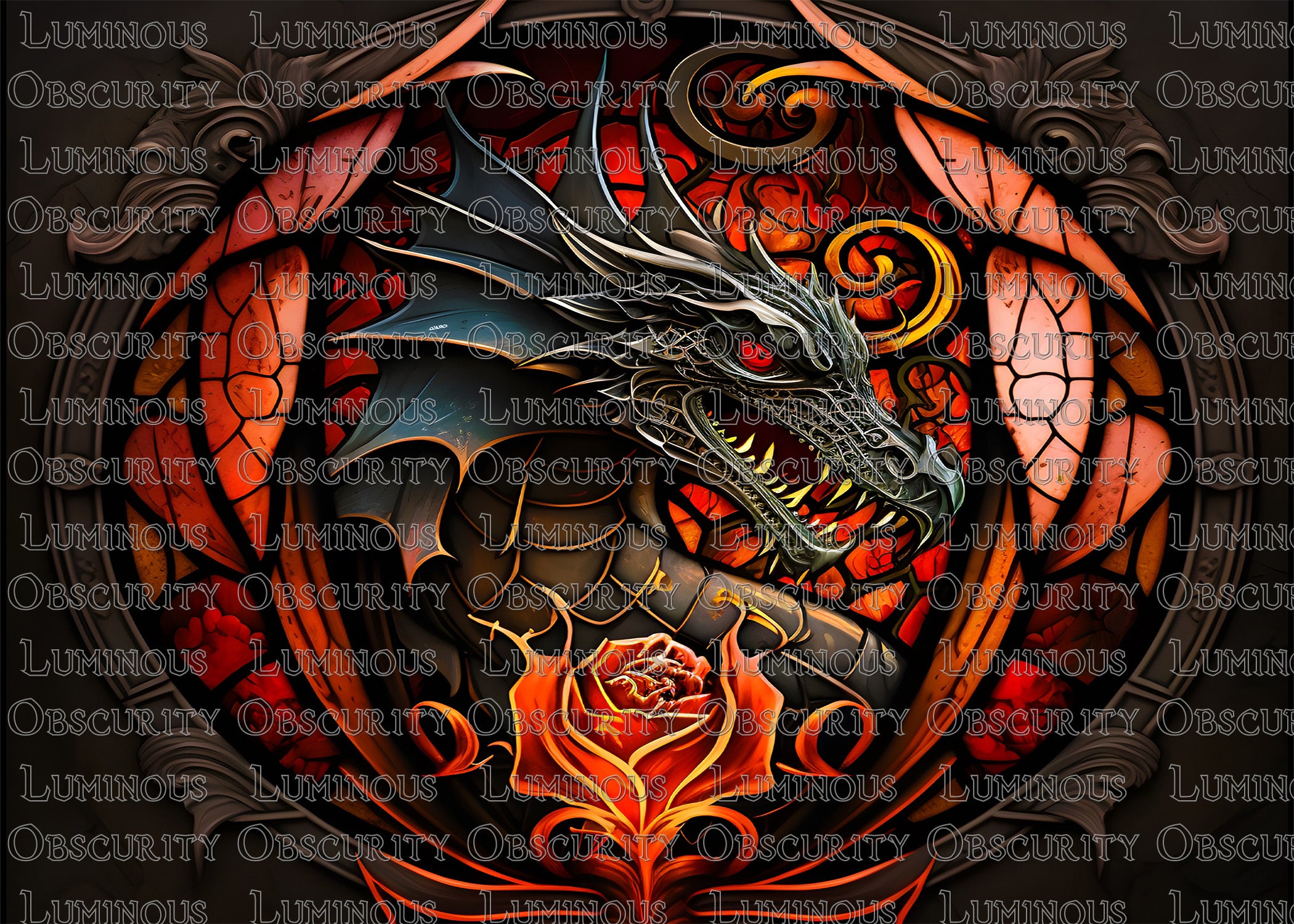 Rose Dragon Suncatcher | Handmade Stained Glass Style Fantasy Art