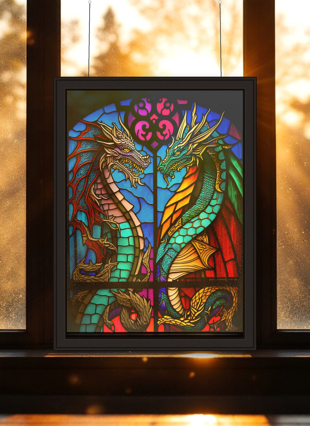Dueling Dragons Cathedral Window Suncatcher | Handmade Stained Glass Style Fantasy Art