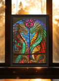 Dueling Dragons Cathedral Window Suncatcher | Handmade Stained Glass Style Fantasy Art