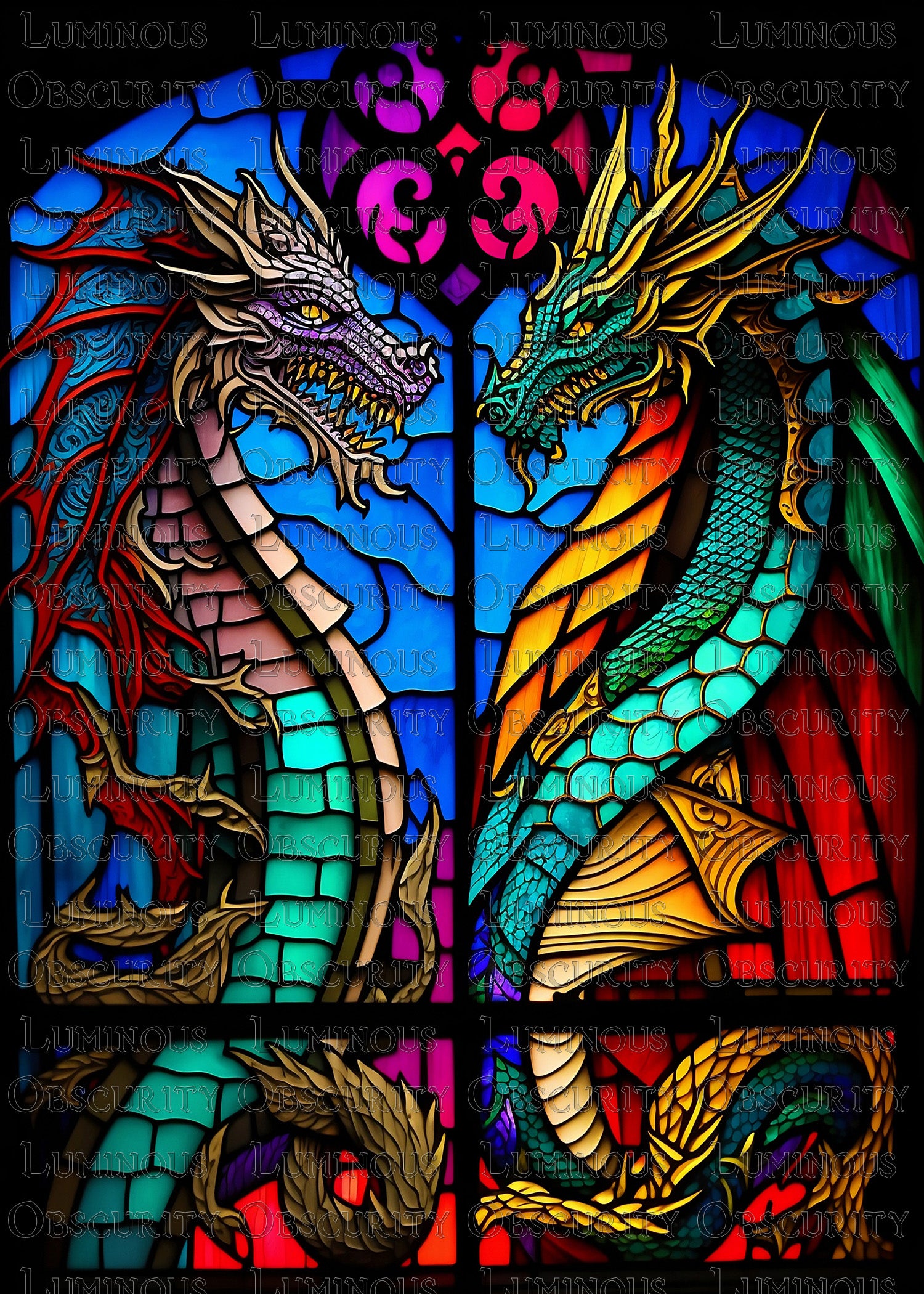 Dueling Dragons Cathedral Window Suncatcher | Handmade Stained Glass Style Fantasy Art