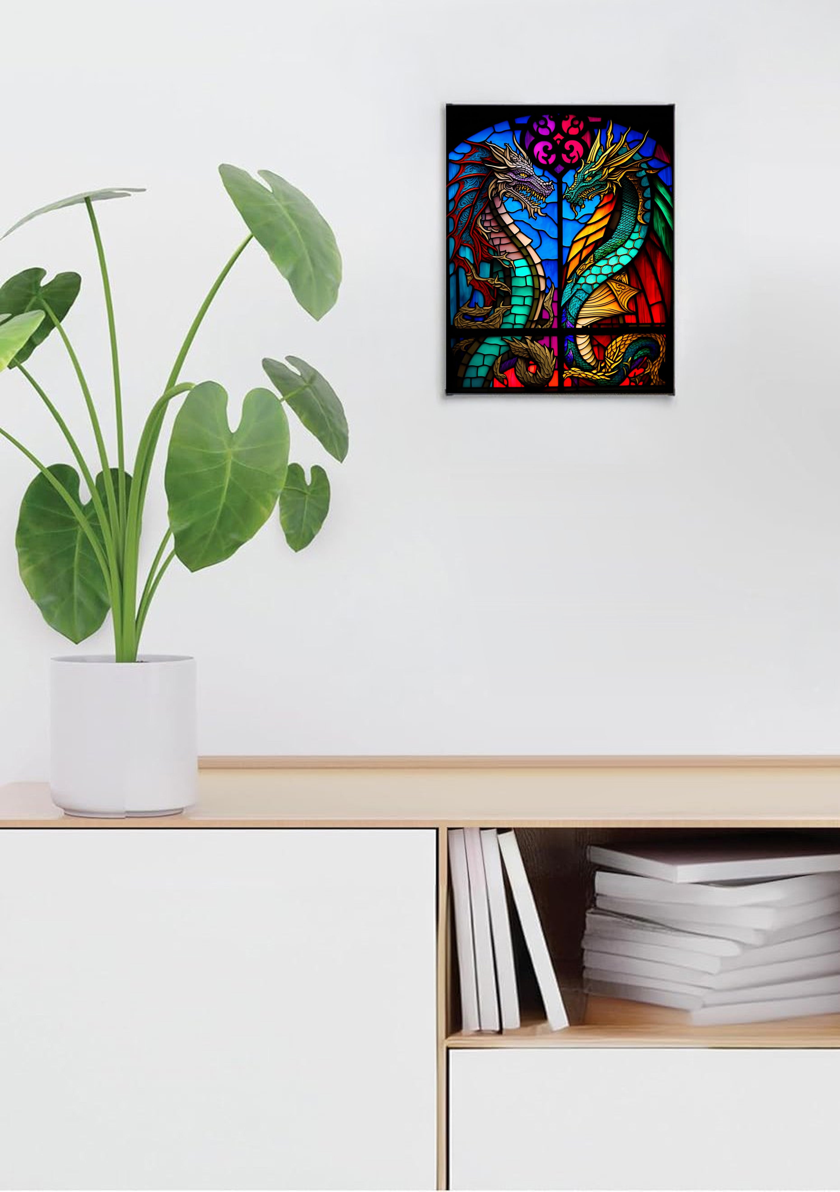 Dueling Dragons Cathedral Window Suncatcher | Handmade Stained Glass Style Fantasy Art