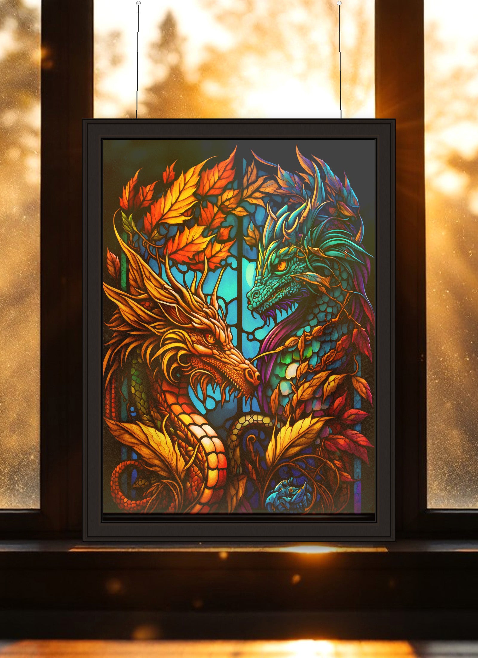 Golden & Teal Eastern Dragons Suncatcher | Handmade Stained Glass Style Fantasy Art