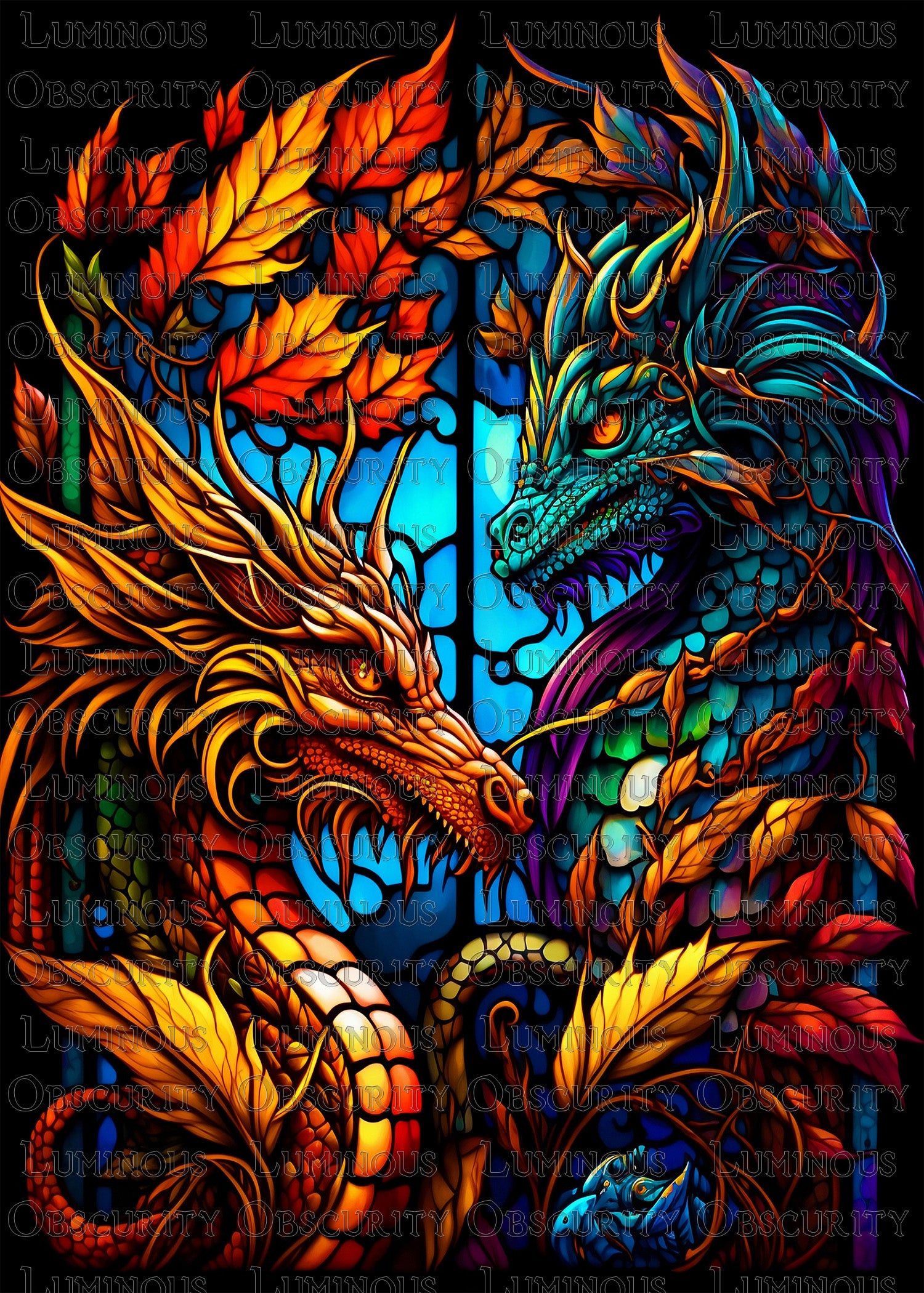 Golden & Teal Eastern Dragons Suncatcher | Handmade Stained Glass Style Fantasy Art