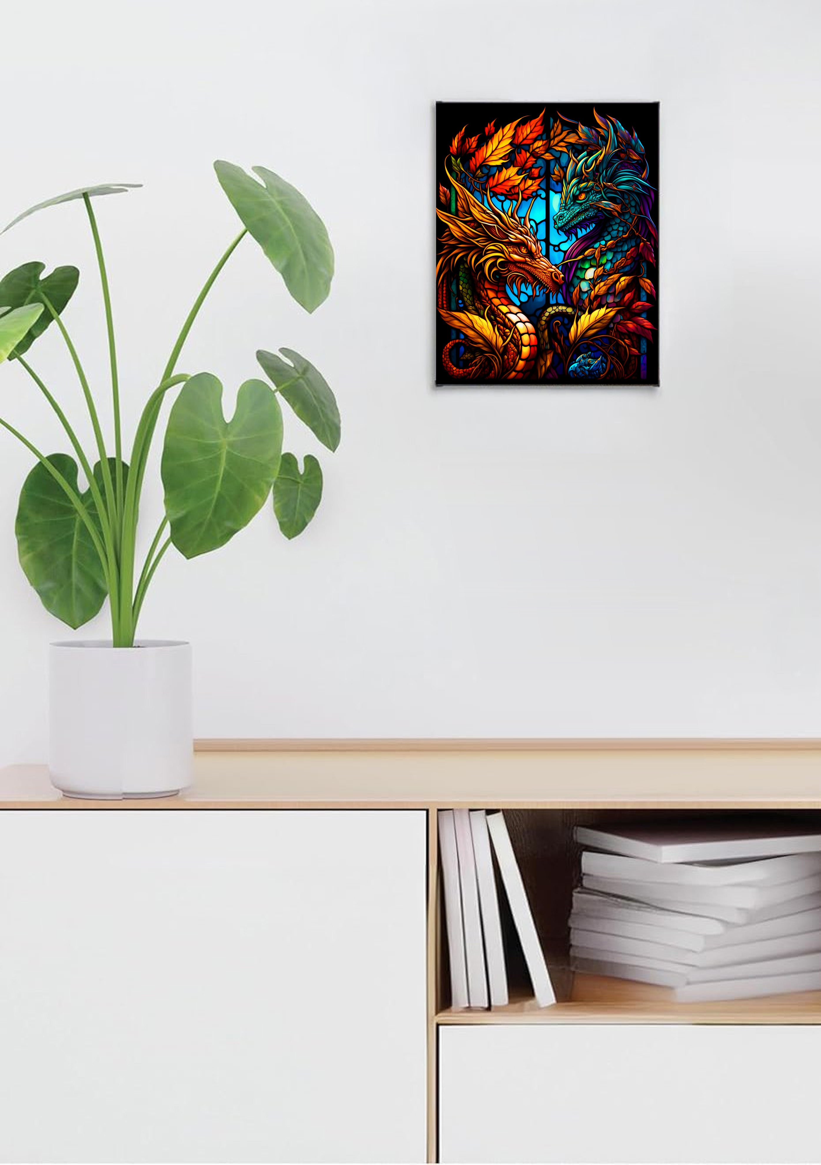 Golden & Teal Eastern Dragons Suncatcher | Handmade Stained Glass Style Fantasy Art
