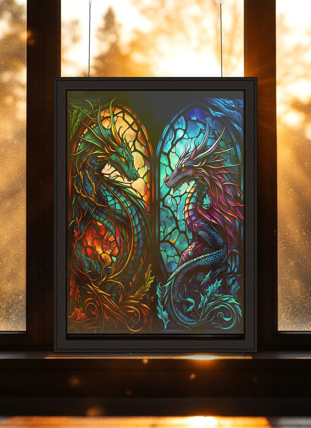 Twin Arch Dragon Pair Suncatcher | Handmade Stained Glass Style Fantasy Art