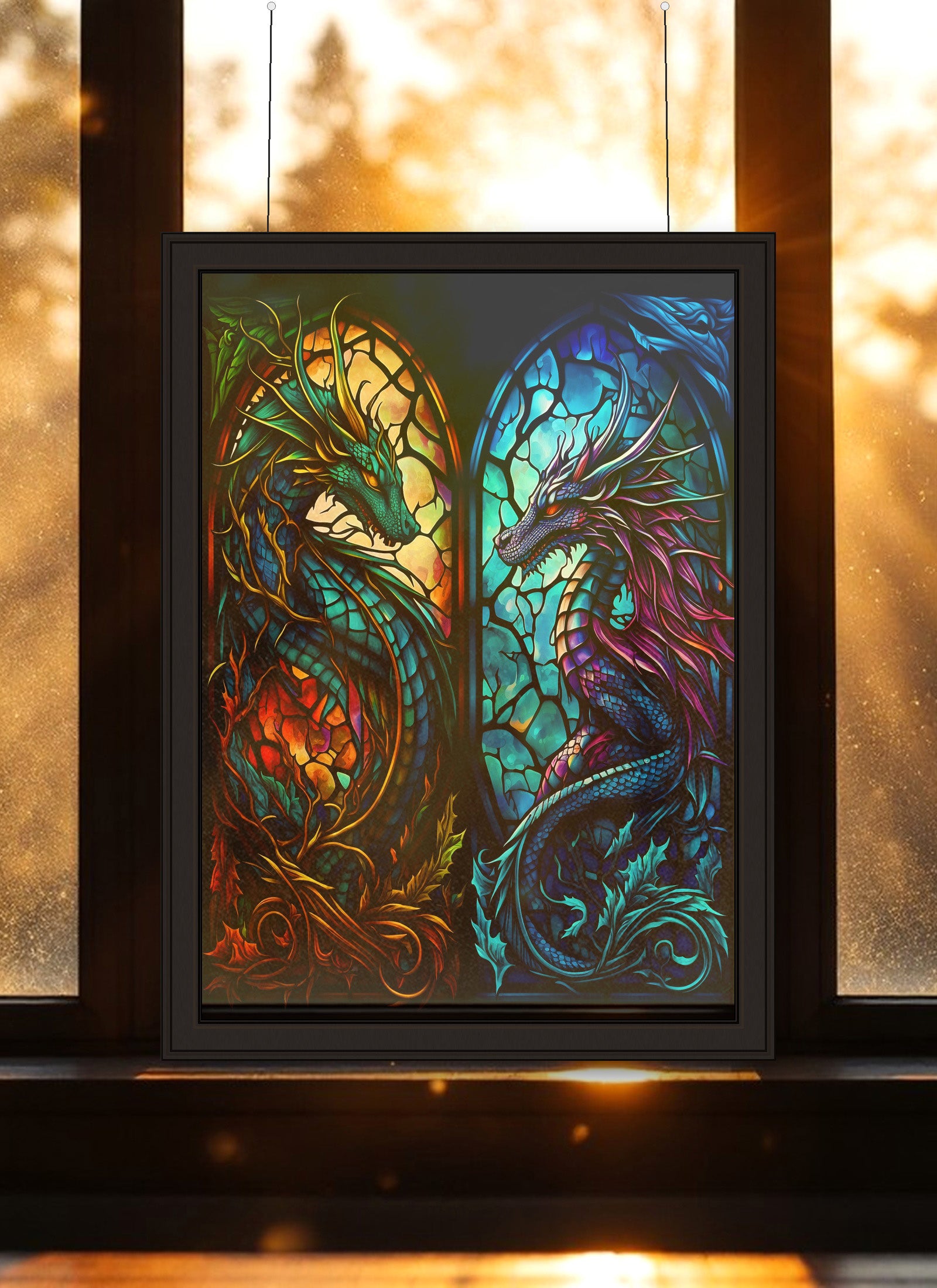 Twin Arch Dragon Pair Suncatcher | Handmade Stained Glass Style Fantasy Art