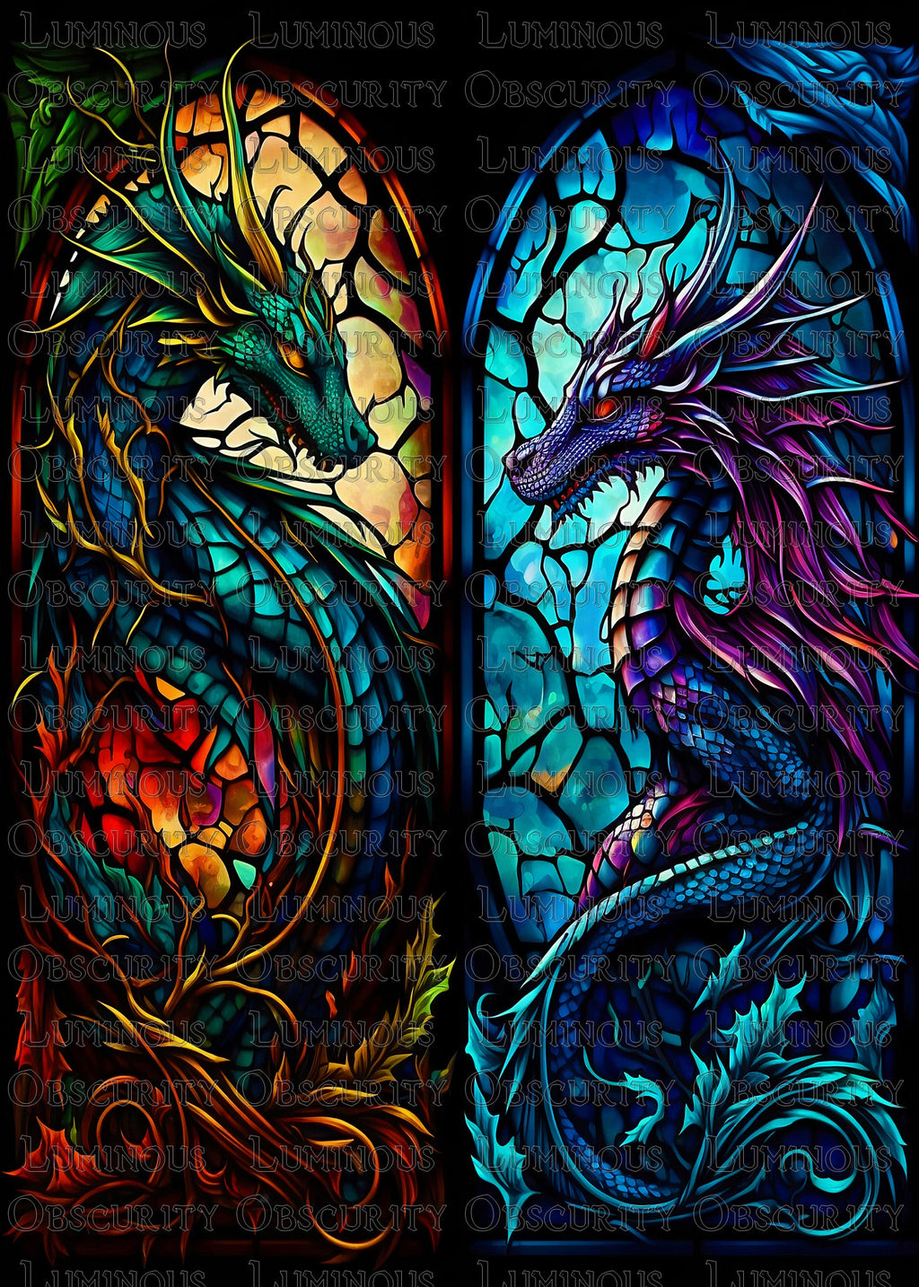Twin Arch Dragon Pair Suncatcher | Handmade Stained Glass Style Fantasy Art
