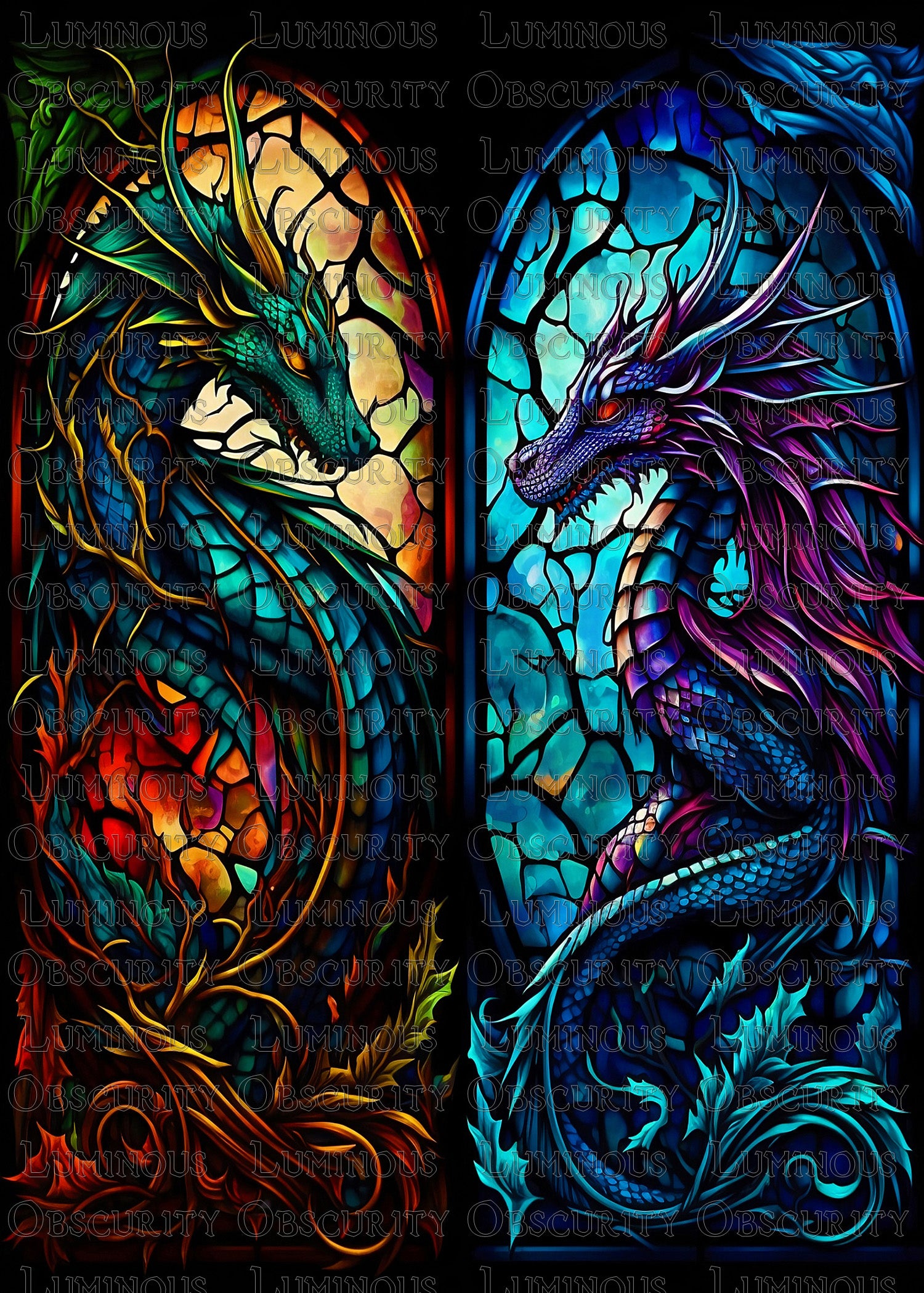 Twin Arch Dragon Pair Suncatcher | Handmade Stained Glass Style Fantasy Art