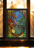 Intertwined Red & Teal Dragons Suncatcher | Handmade Stained Glass Style Fantasy Art