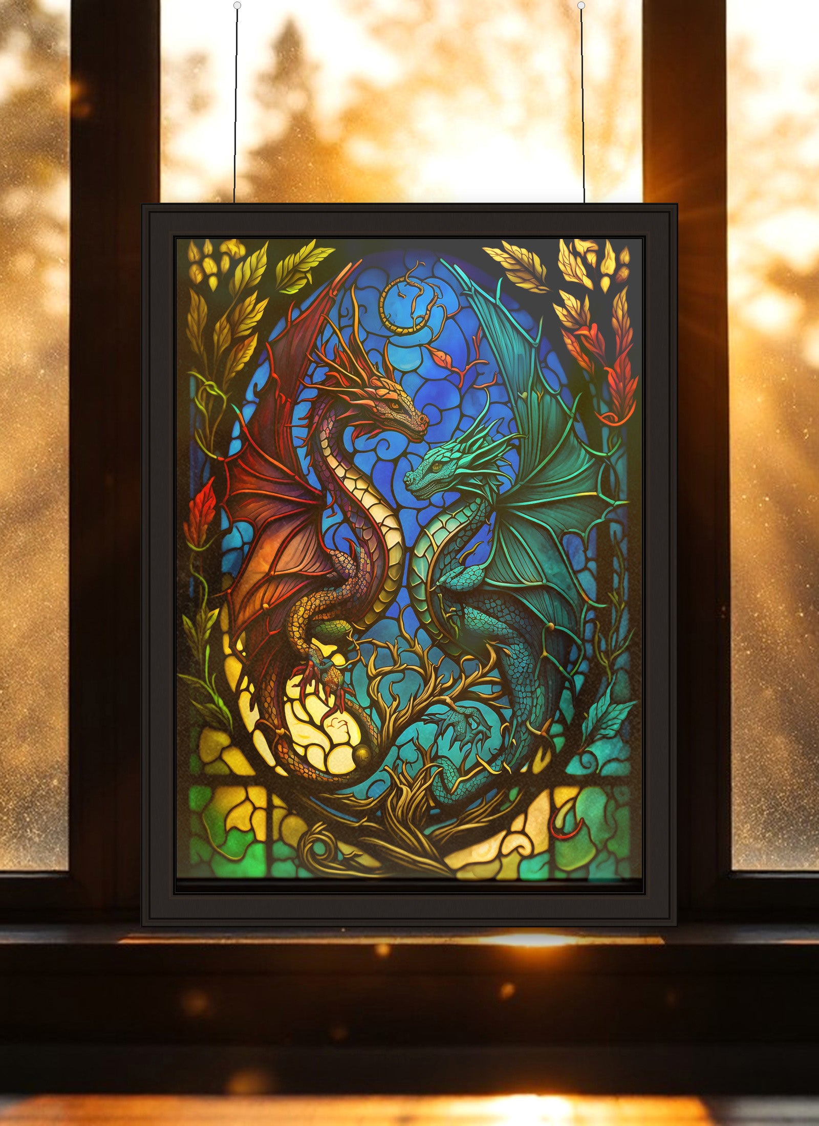 Intertwined Red & Teal Dragons Suncatcher | Handmade Stained Glass Style Fantasy Art