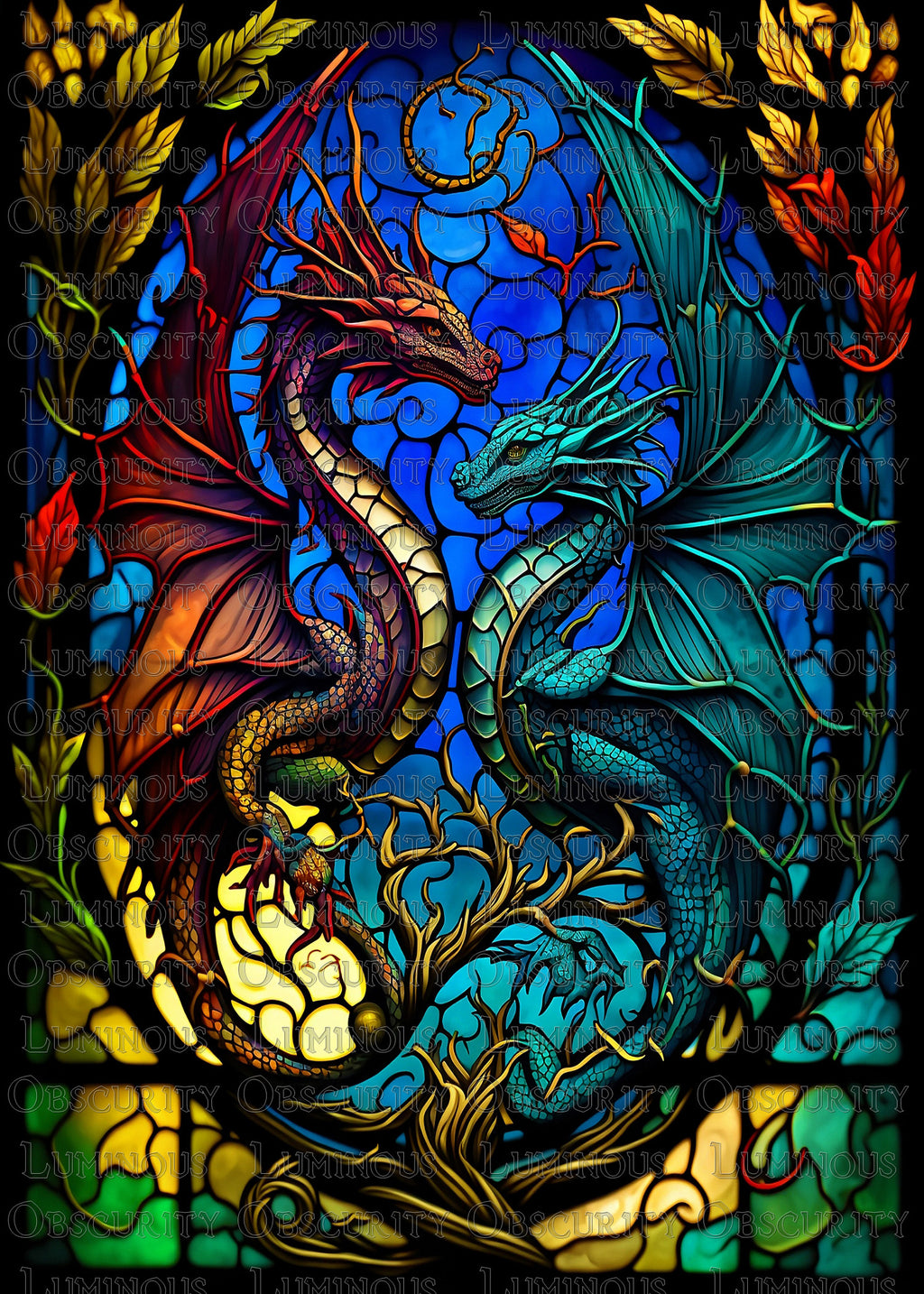 Intertwined Red & Teal Dragons Suncatcher | Handmade Stained Glass Style Fantasy Art