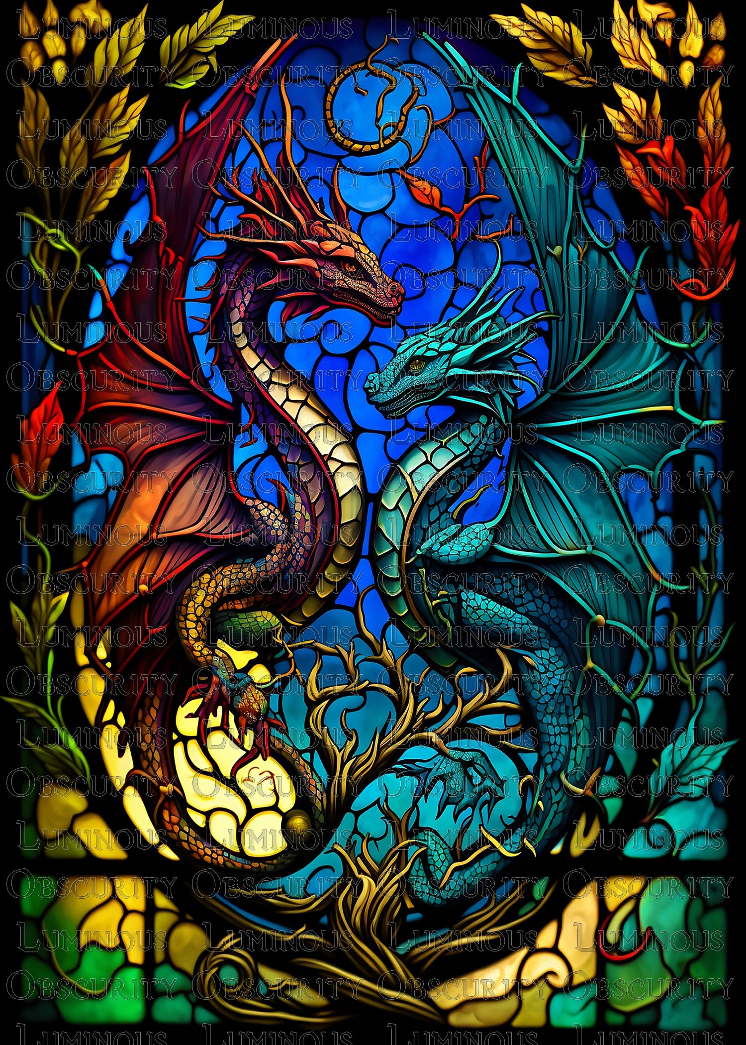 Intertwined Red & Teal Dragons Suncatcher | Handmade Stained Glass Style Fantasy Art