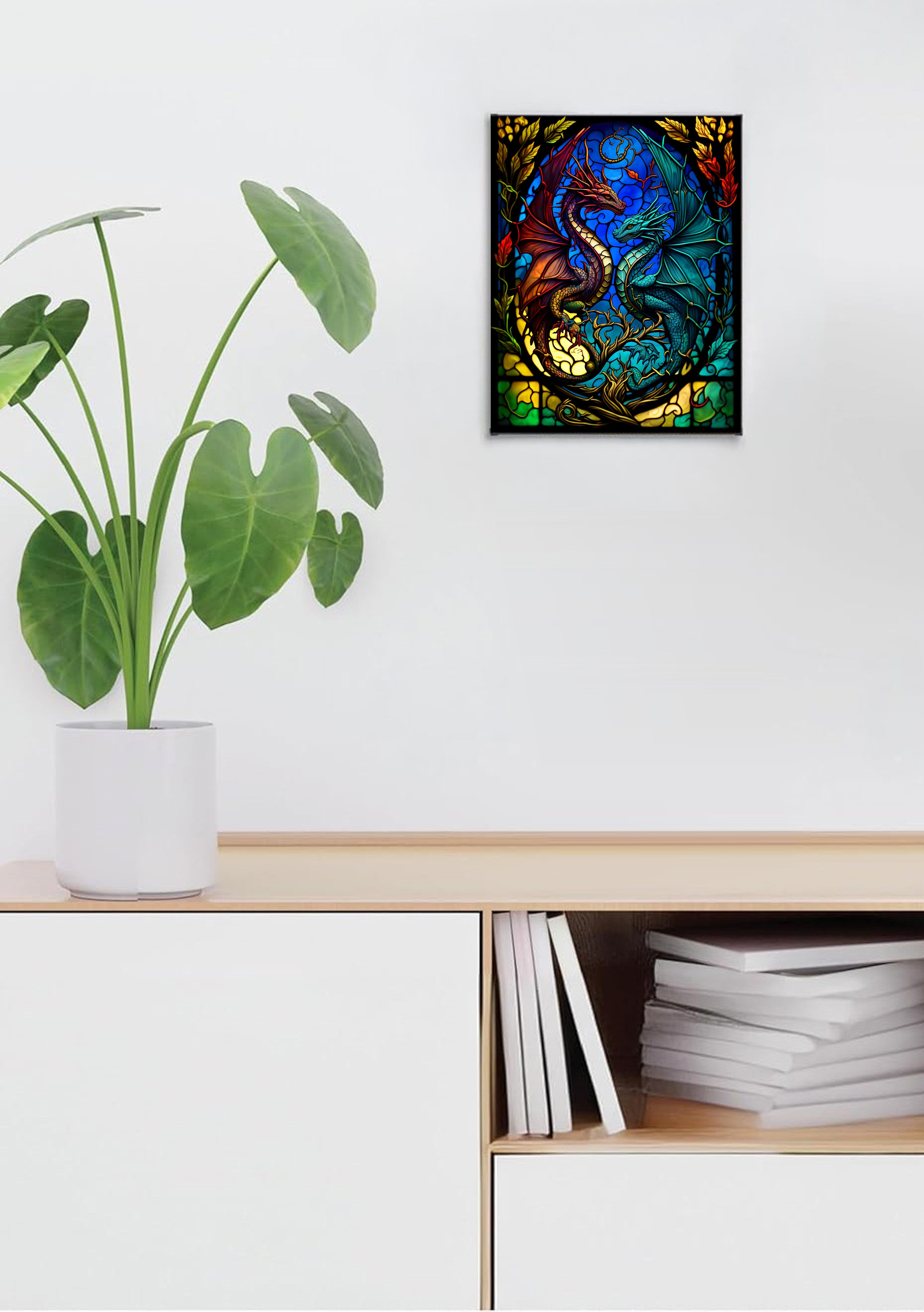 Intertwined Red & Teal Dragons Suncatcher | Handmade Stained Glass Style Fantasy Art