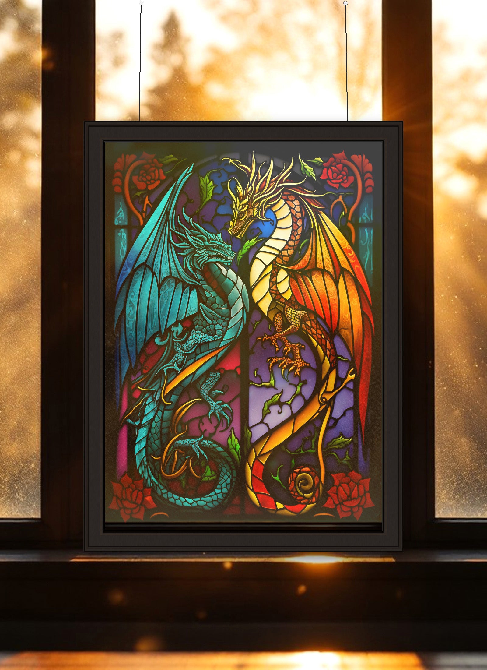 Ice & Fire Dragons Face-Off Suncatcher | Handmade Stained Glass Style Fantasy Art