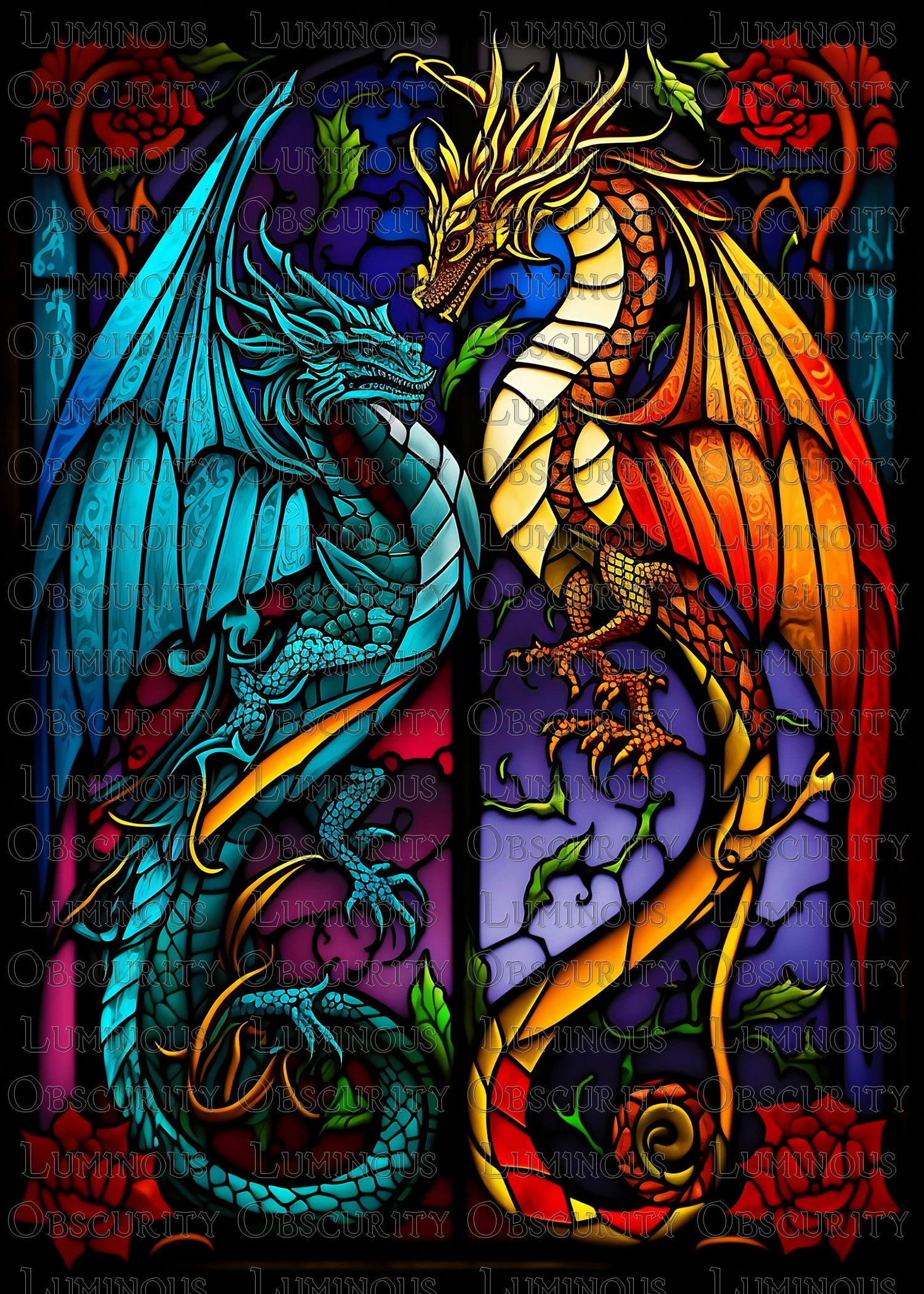 Ice & Fire Dragons Face-Off Suncatcher | Handmade Stained Glass Style Fantasy Art