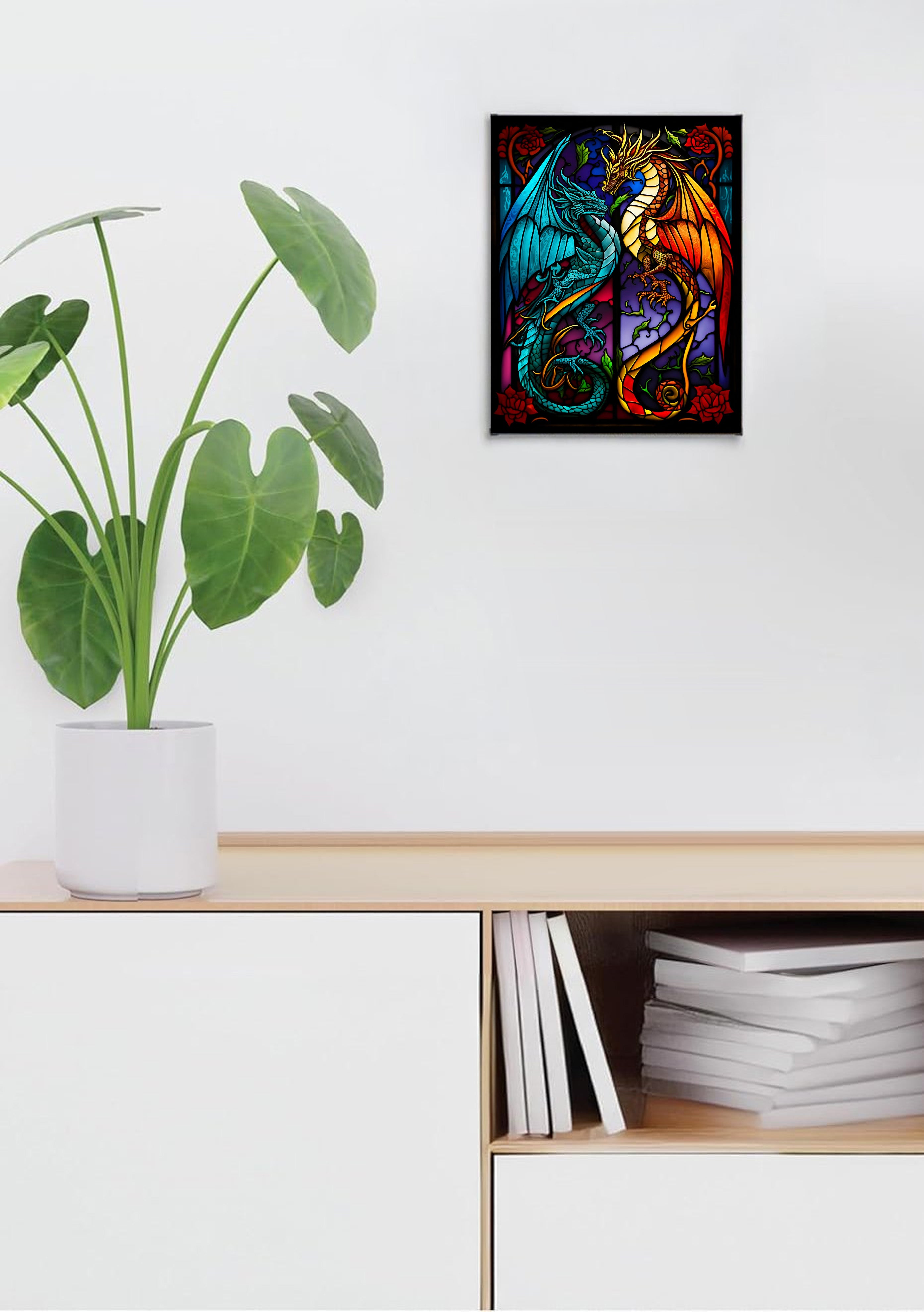 Ice & Fire Dragons Face-Off Suncatcher | Handmade Stained Glass Style Fantasy Art