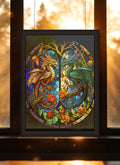 Gold & Teal Dragons in Botanical Frame Suncatcher | Handmade Stained Glass Style Fantasy Art