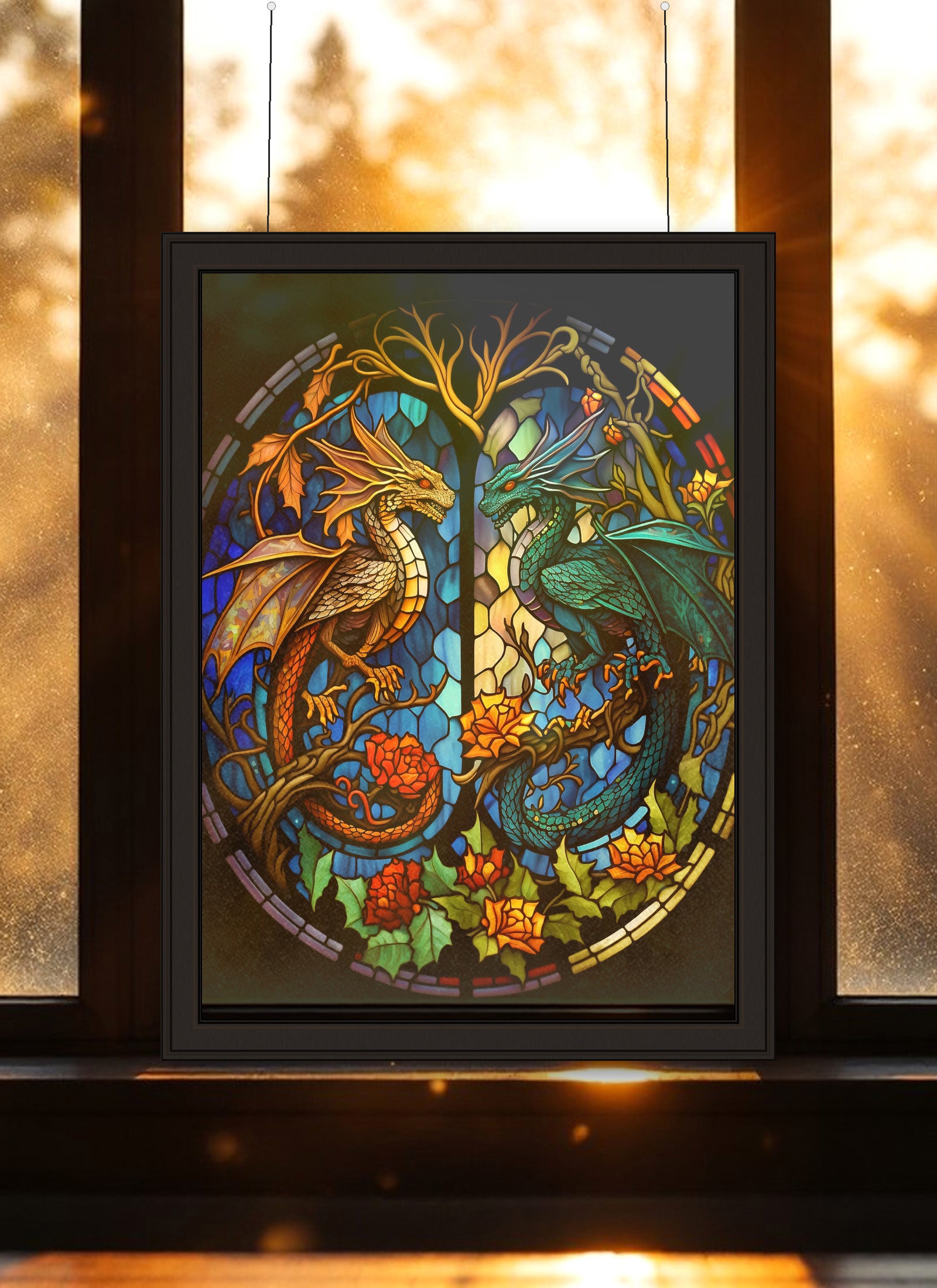 Gold & Teal Dragons in Botanical Frame Suncatcher | Handmade Stained Glass Style Fantasy Art