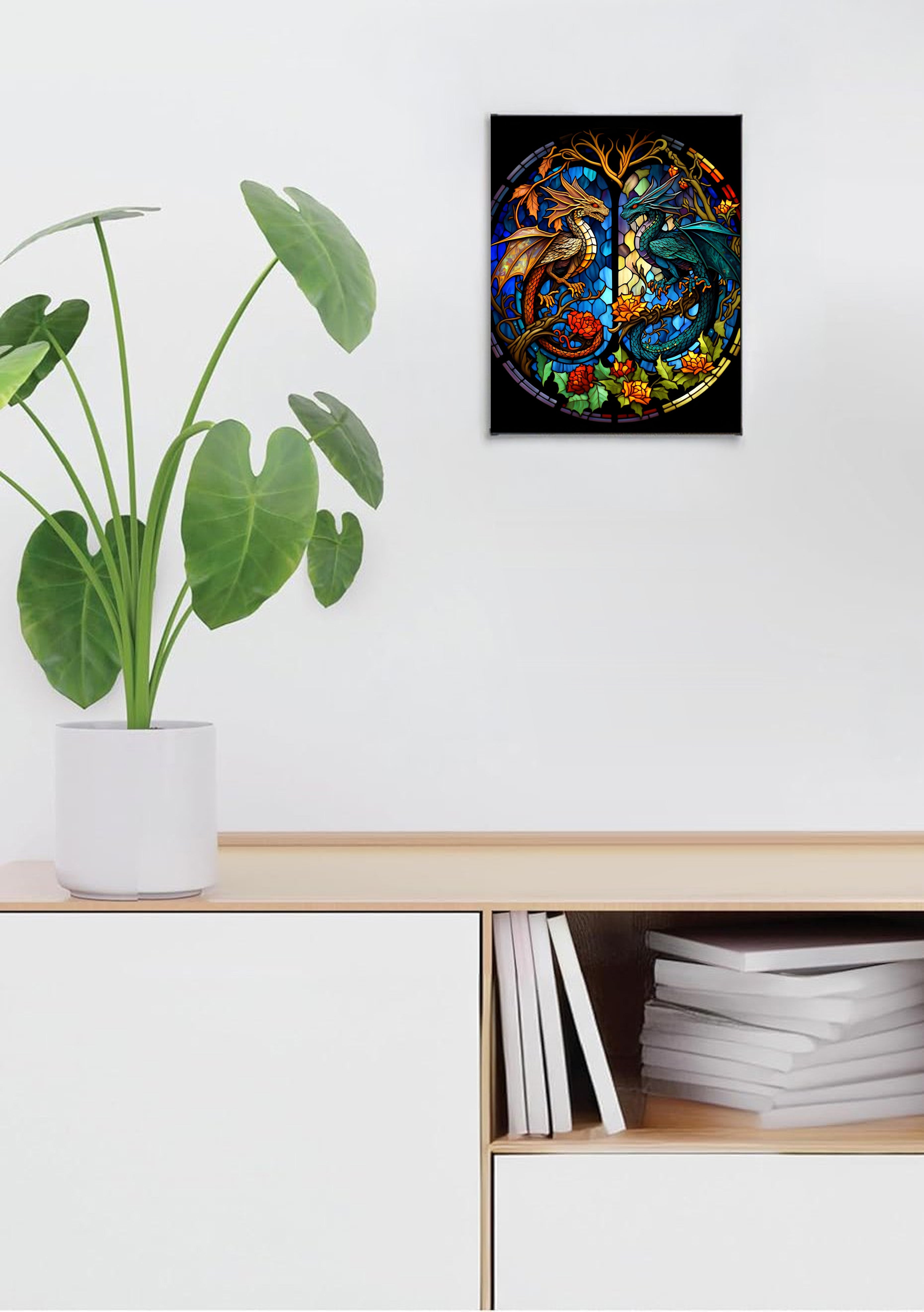 Gold & Teal Dragons in Botanical Frame Suncatcher | Handmade Stained Glass Style Fantasy Art
