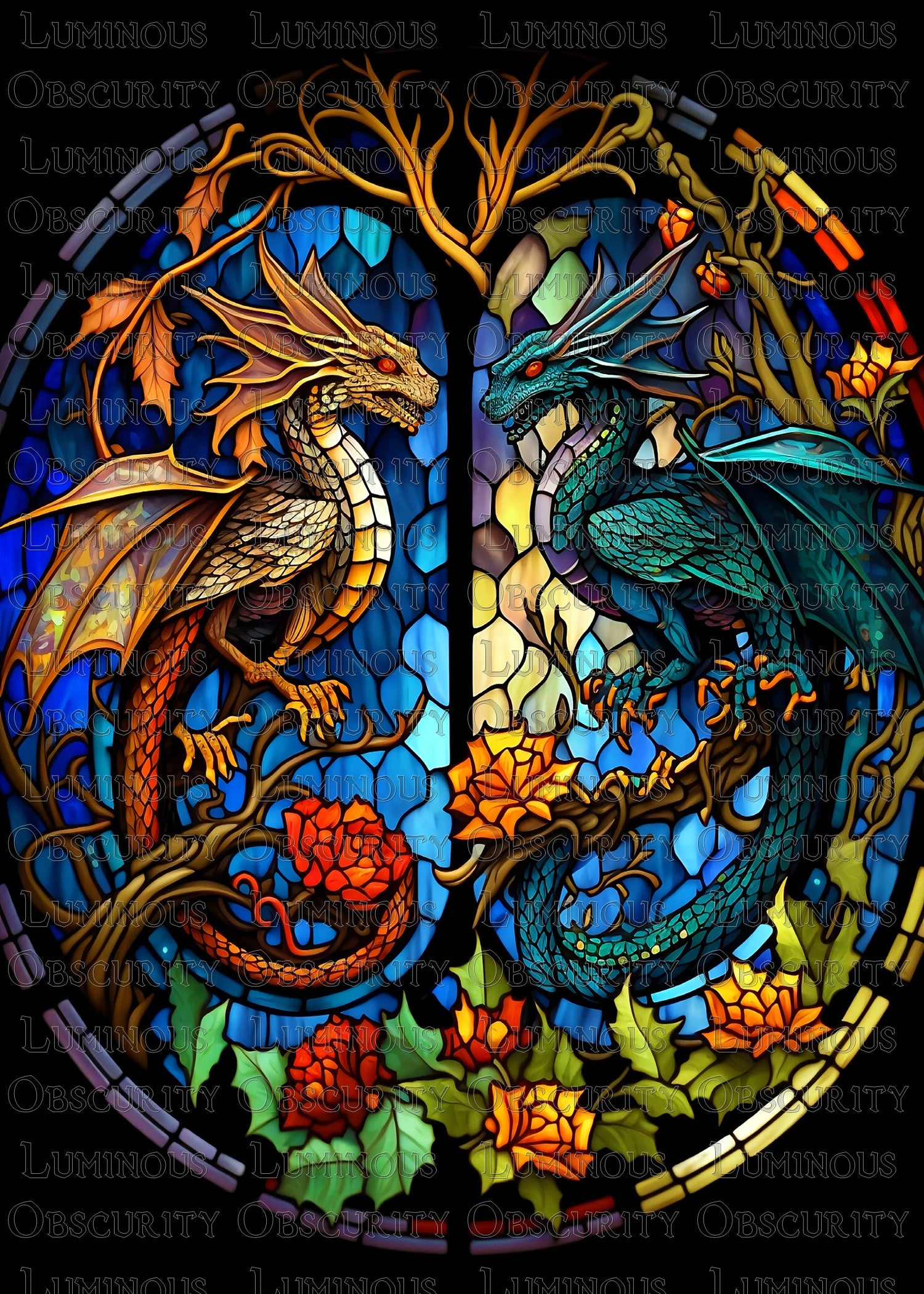 Gold & Teal Dragons in Botanical Frame Suncatcher | Handmade Stained Glass Style Fantasy Art
