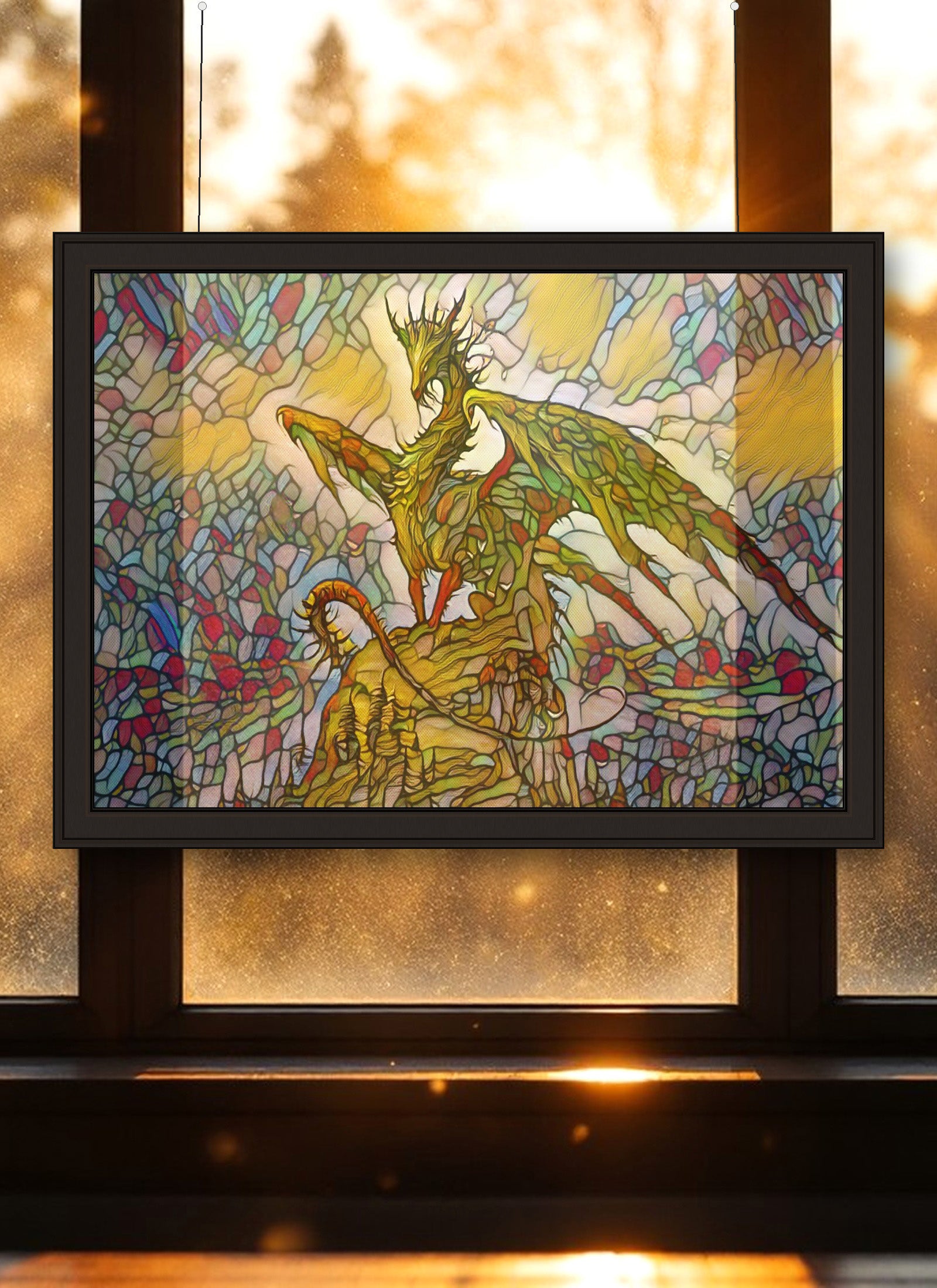 Green Dragon Suncatcher | Handmade Stained Glass Style Fantasy Art