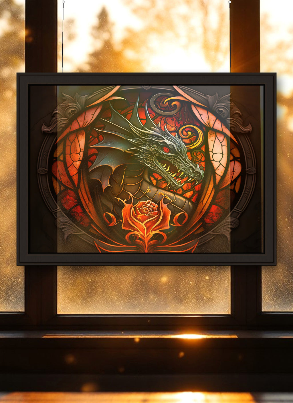 Rose Dragon Suncatcher | Handmade Stained Glass Style Fantasy Art