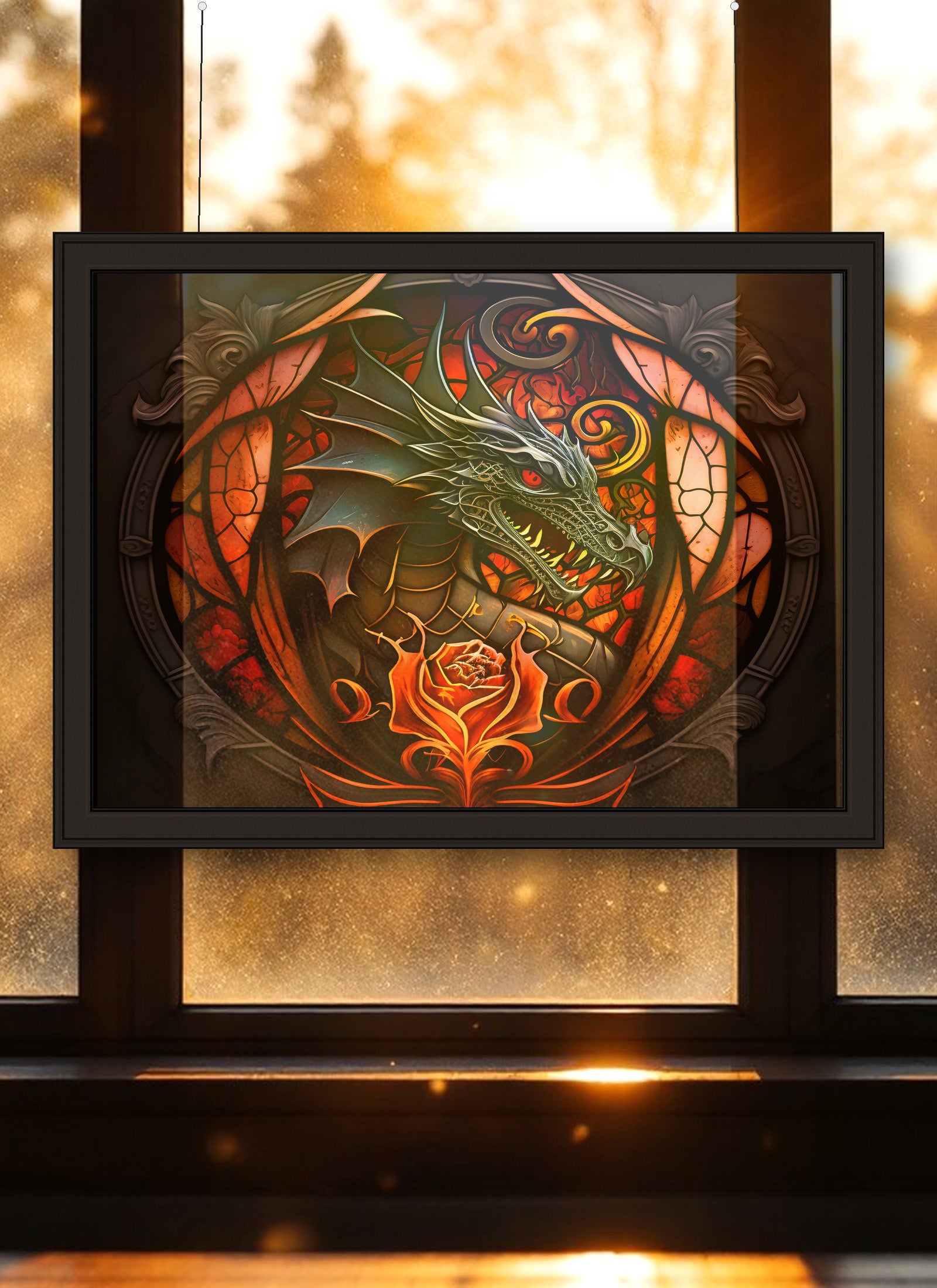 Rose Dragon Suncatcher | Handmade Stained Glass Style Fantasy Art